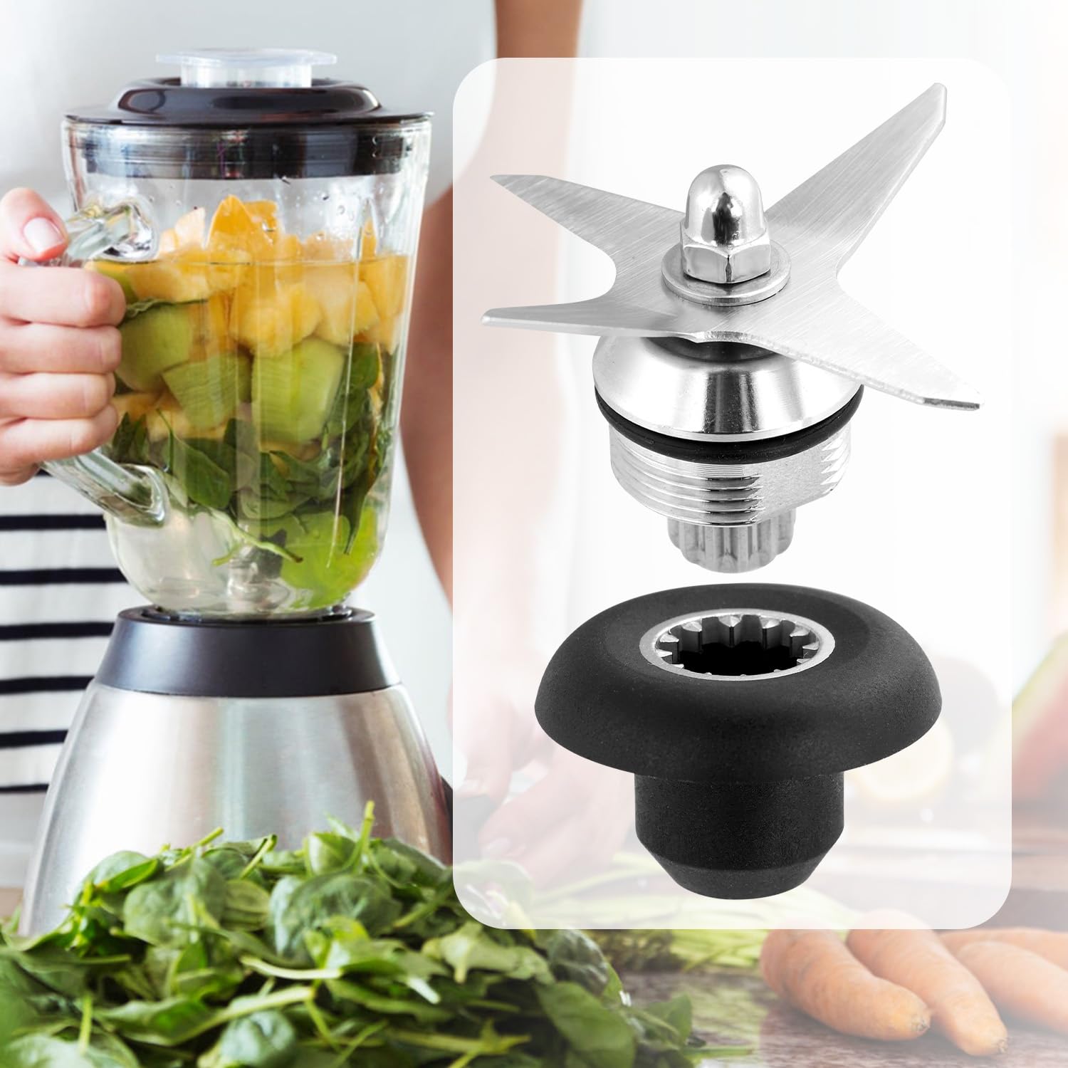 Cuchilla Repuesto para Vitamix Licuadora Recipiente 64oz y 32oz, Conjunto Cuchilla Repuesto Acero Inoxidable y Plástico con Kit de Dado Accionamiento y Llaves(Negro, Plateado)