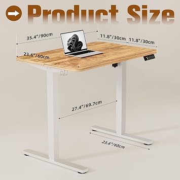 ERGOMAKER Electric Standing Desk 90x60cm, Height Adjustable Sit Stand Desk with Memory Handset Hooks for Home Office(Light Rustic Brown)
