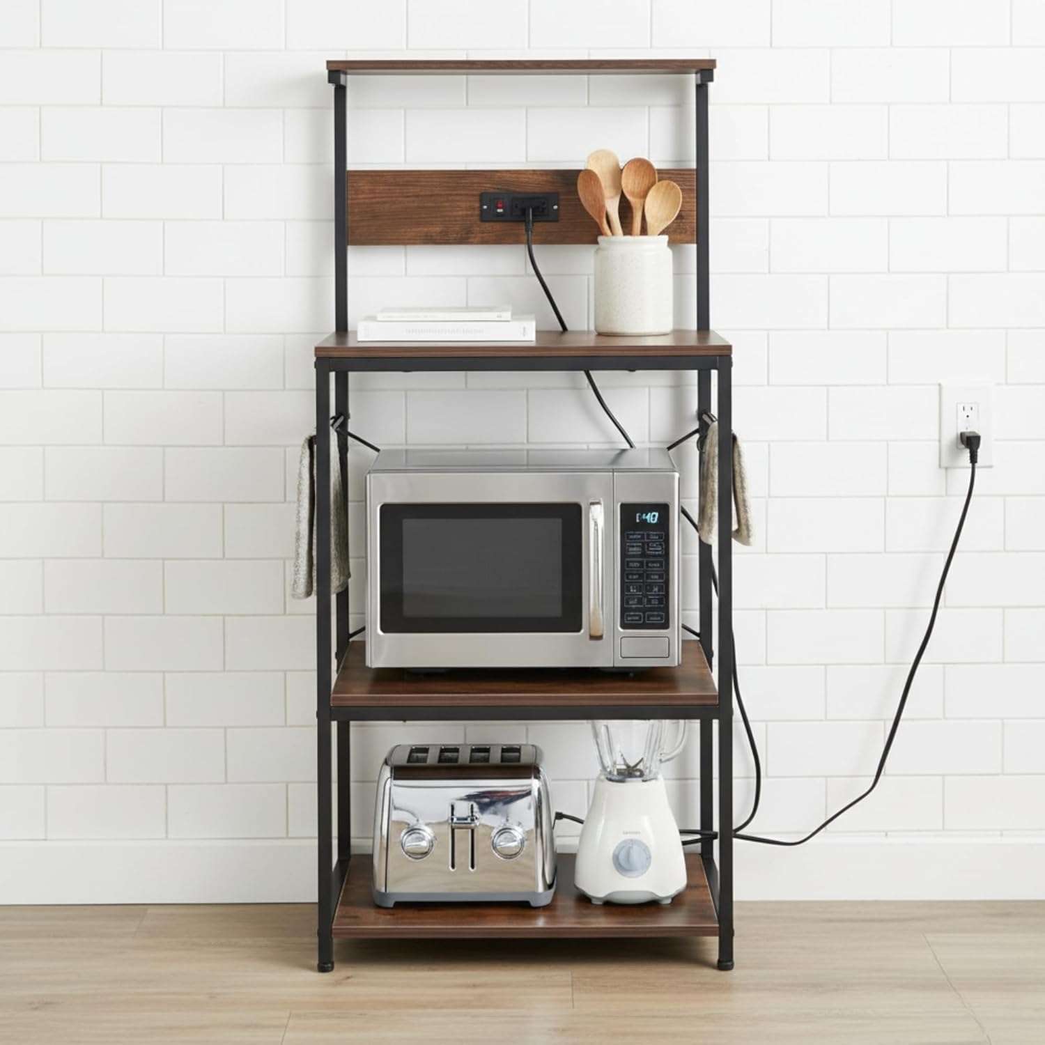 FurnitureR Kitchen Bakers Rack with Power Outlets, Coffee Bar Station, Microwave Oven Stand Storage Shelf 4 Tiers for Spices, Pots and Pans, 6 S-Shaped Hooks, Brown