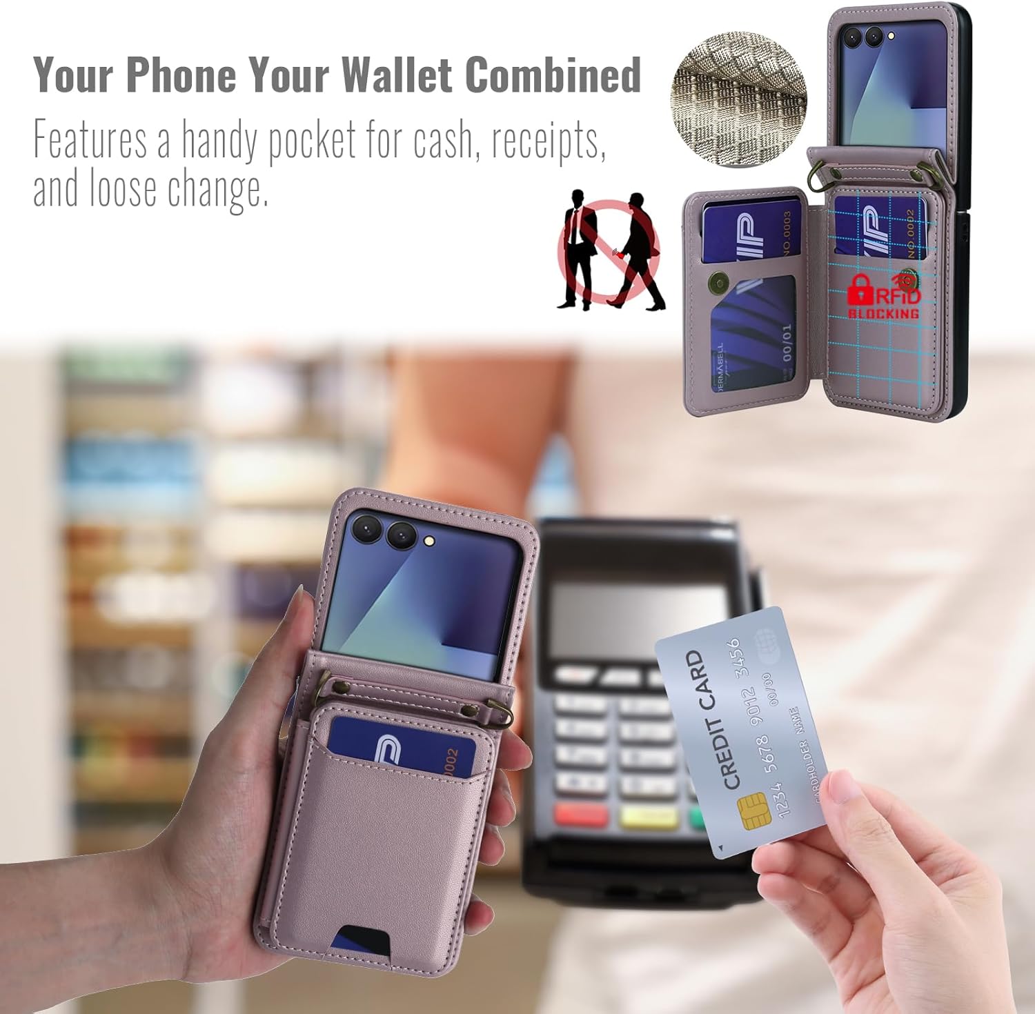 ASAPDOS for Samsung Galaxy Z Flip 7 PU Leather Wallet Phone Case with Card Slots (Holds 5 Cards), Anti-Drop Protection, Wrist & Shoulder Strap Gold