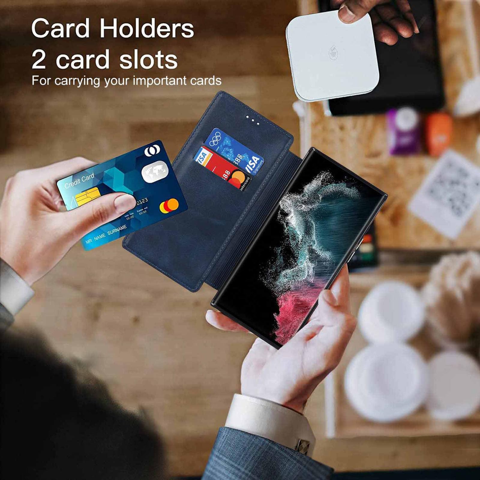 Składane etui do Samsung Galaxy S23 Ultra/S23 Plus/S23, ultracienkie, biznesowe skórzane etui z podstawką, miękkie, odporne na zarysowania i przegródki na karty, etui na telefon komórkowy, niebieskie,