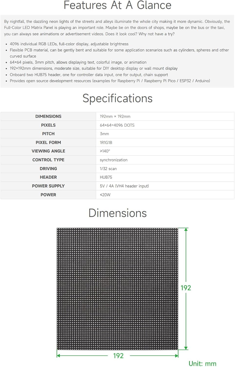 Waveshare Flexible RGB Full-Color LED Matrix Panel, 3mm Pitch, 64×64 Pixels, Adjustable Brightness and Bendable PCB, Compatible with Raspberry Pi 5/4B/3B/Zero/Zero W/Zero 2W/Pico/Pico W/Pico WH