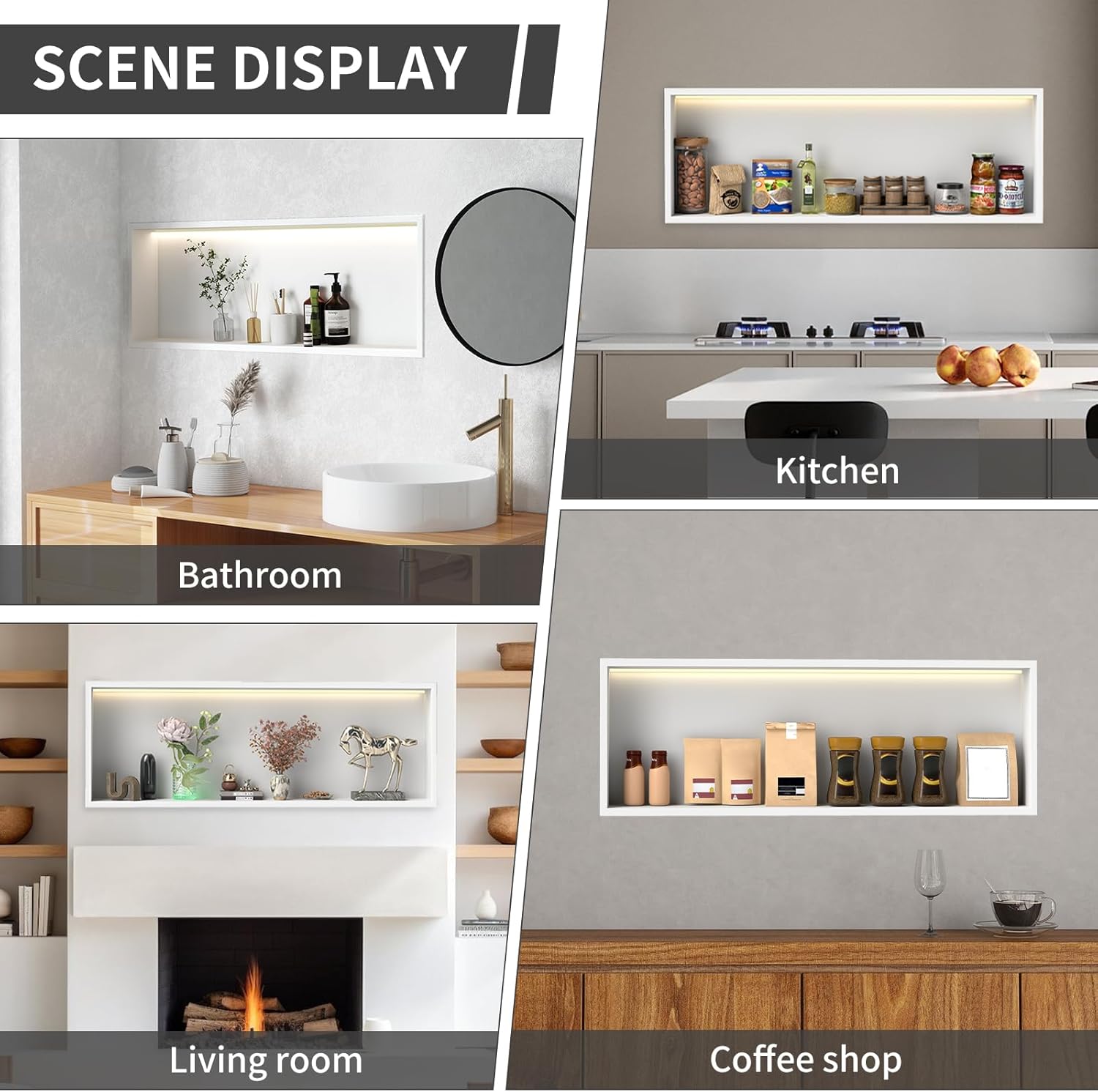 Konelia Shower Niche with Lighting, 36x12x4 Inside Shower Storage Wall Niche Stainless Steel Bathroom Shelf Niche No Tile Needed Shower Caddy Recessed Wall Niche, White