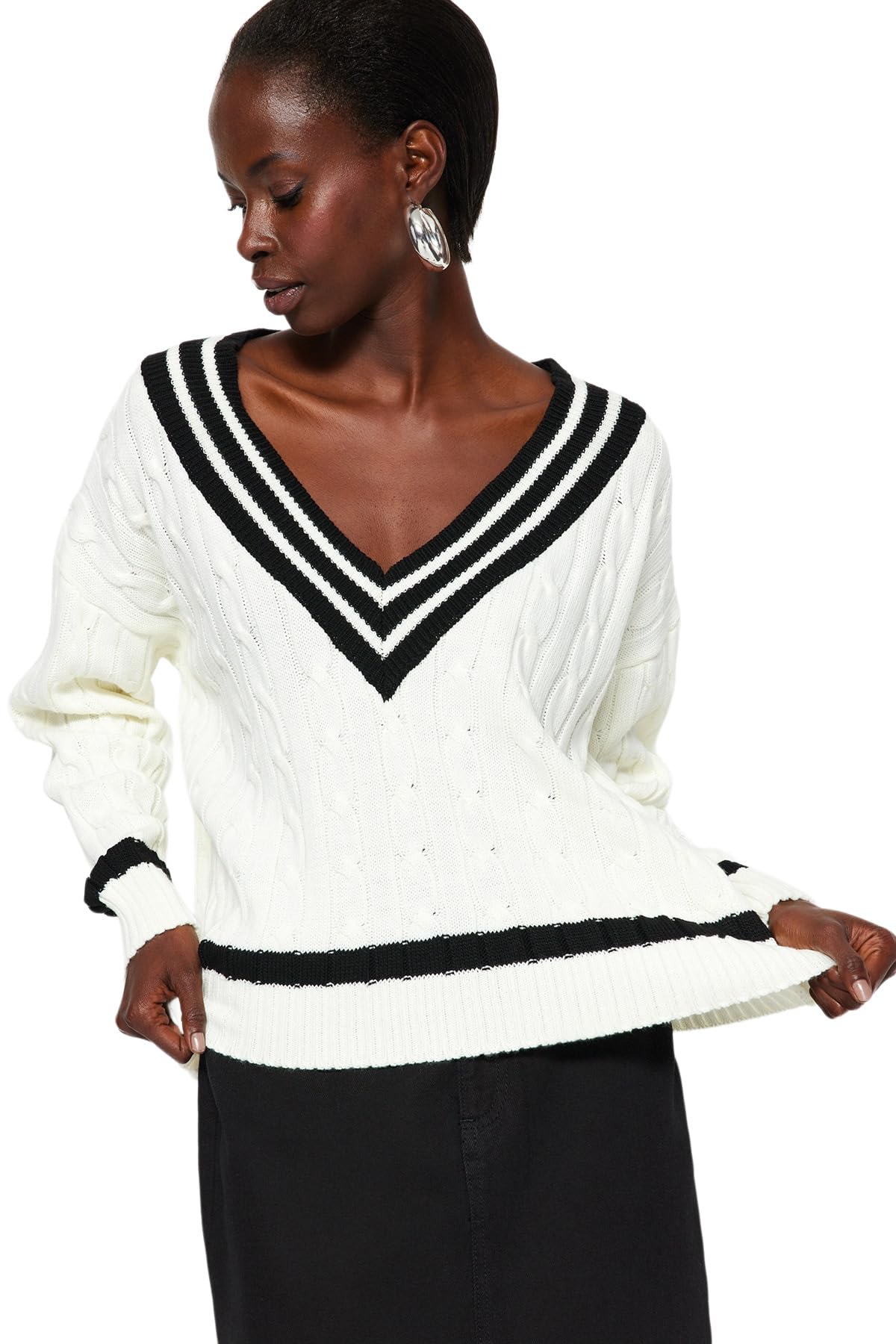 Trendyol Damen Regular fit Basic V Neck Knitwear Sweater Pullover, Ecru, S