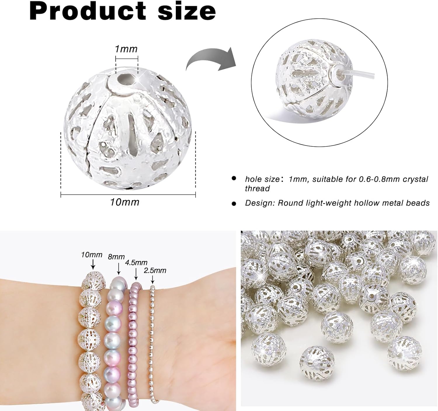 TOAOB 100pcs 10mm Silver Plated Filigree Hollow Ball Beads Round Metal Loose Spacer Beads for DIY Crafts Bracelets Necklaces Earrings Jewelry Making - Image 2