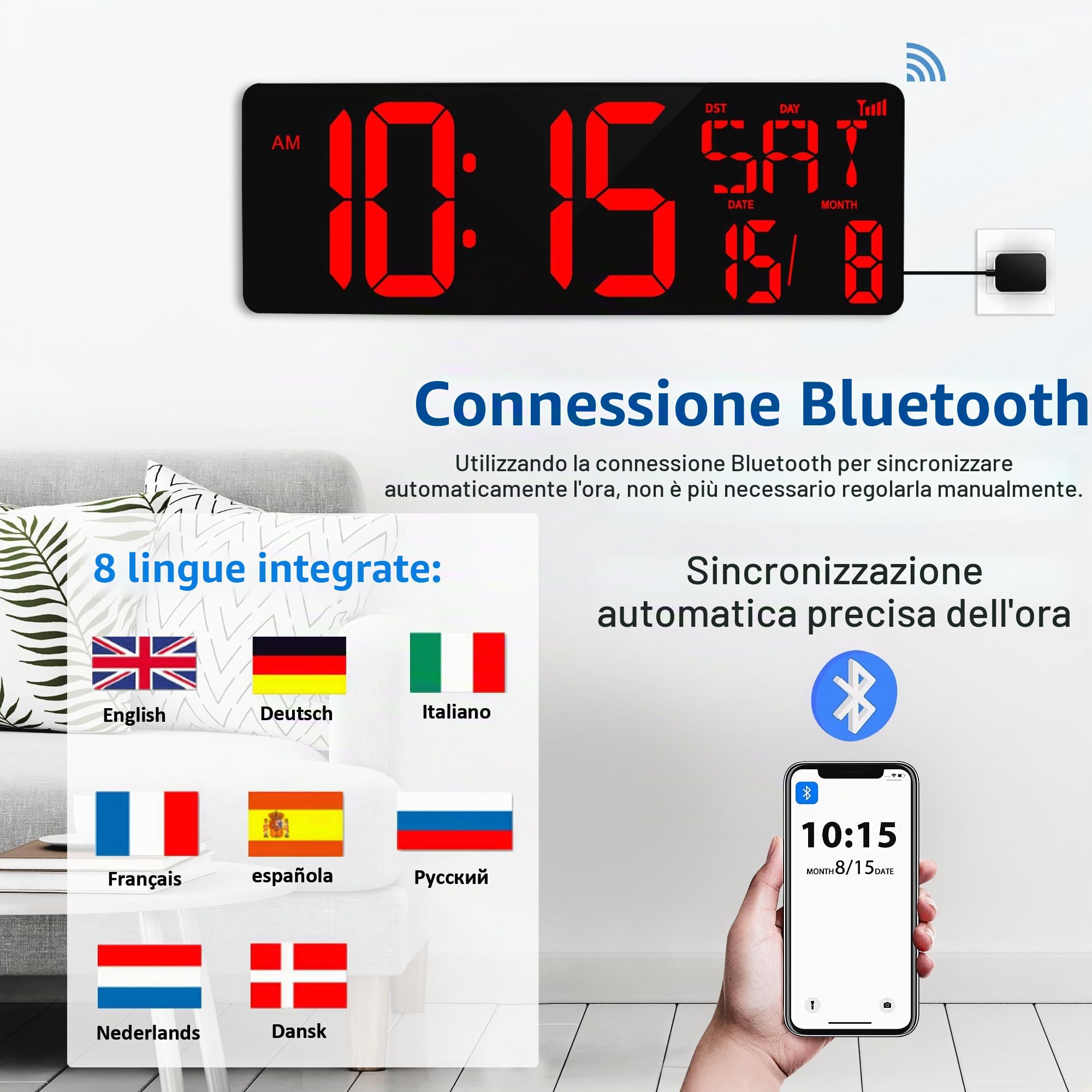 XREXS Orologio Parete 17'' LED Rosso Sincronizzazione Bluetooth | Luminosità regolabile, mostra ora, data e temperatura, calibrazione automatica, multifunzione per soggiorno e ufficio