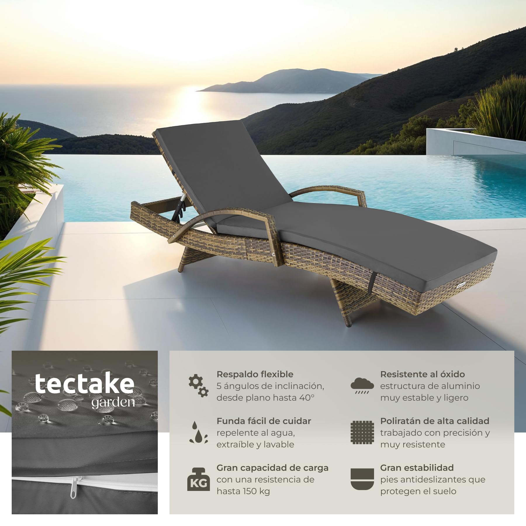 tectake® Tumbona Jardín Exterior de Ratán y Aluminio, Tumbona de Piscina con Respaldo Regulable en 5 Posiciones, Tumbona de Playa Impermeble y Resistente a Intemperie, Fácil Limpieza - Natural