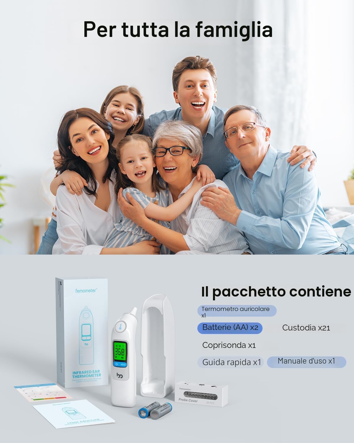 Femometer Termometro per la febbre per adulti e bambini, termometro per orecchie ad alta precisione, 30 memoria, allarme febbre a 3 colori, con 21 coperture monouso e scatola di immagazzinaggio