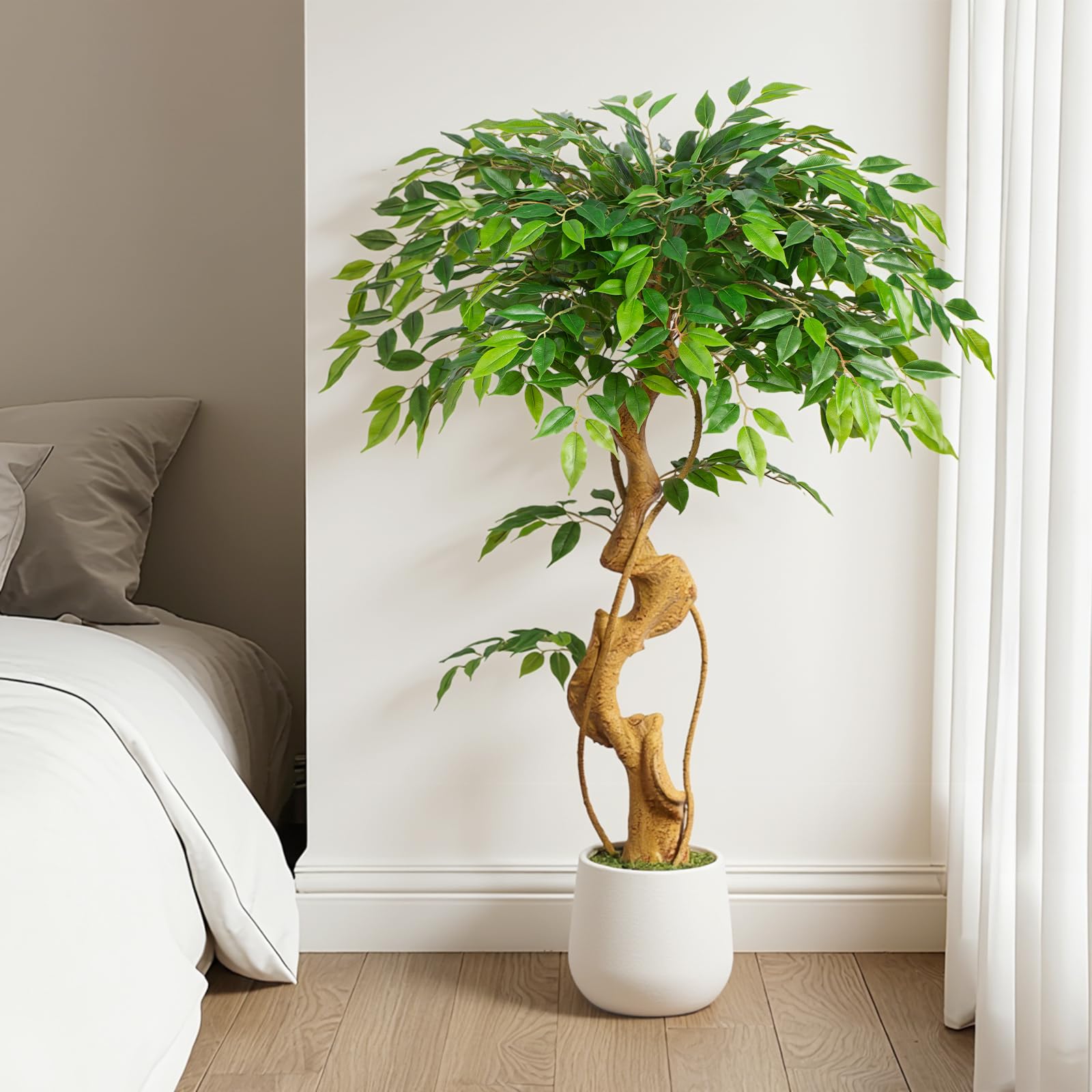 Pianta artificiale, albero di ficus, 120 cm, con vaso bianco, grande come reale, con tronco curvo e 930 foglie, albero artificiale per decorazione di interni, soggiorno, camera da letto