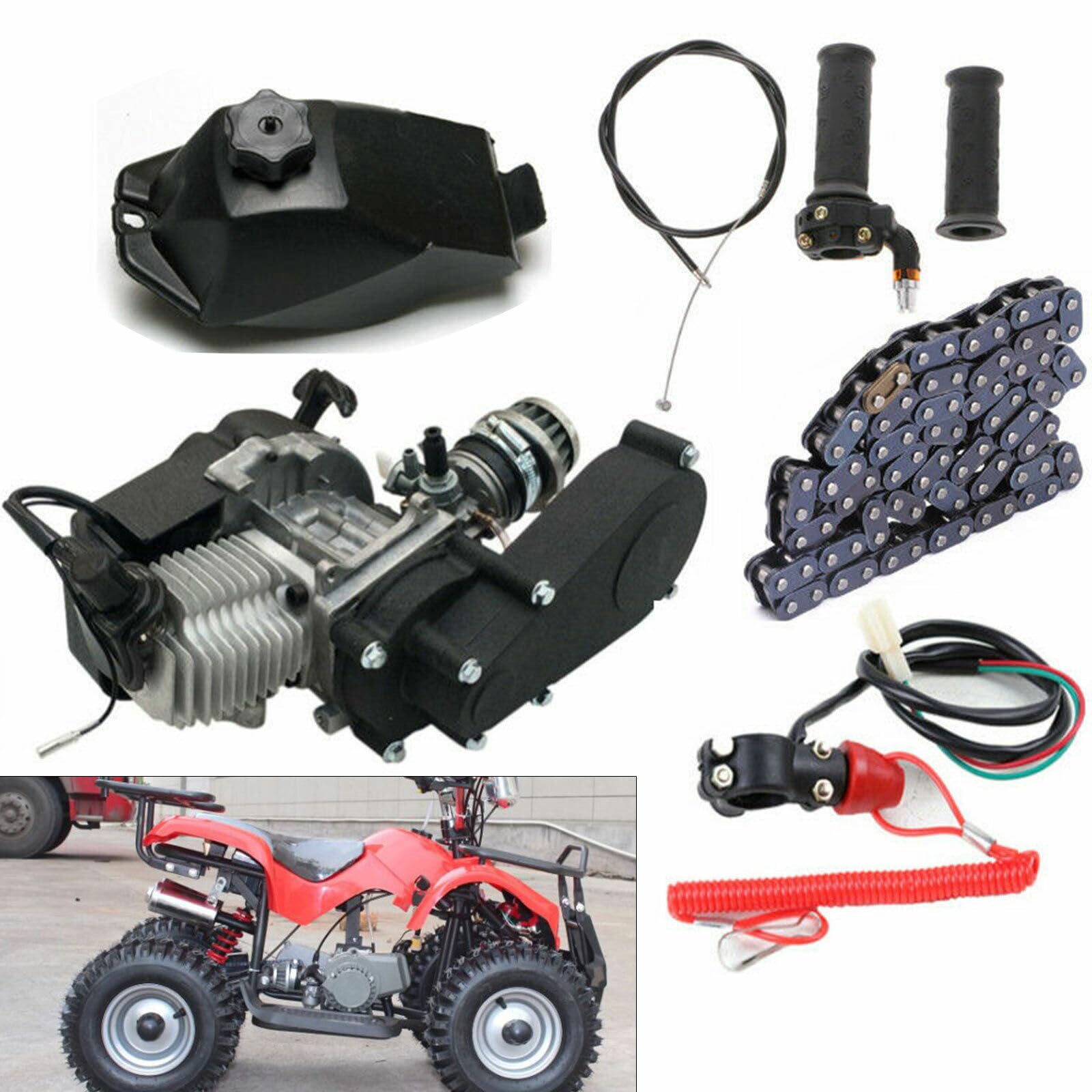 Kit Motore 49 Cc 2 Tempi Con Avviamento A Strappo, Completo Di Carburatore E Riduttore - Per Mini Moto, Dirt Bike, ATV E Scooter, Potenza Fino A 40 Miglia Orarie