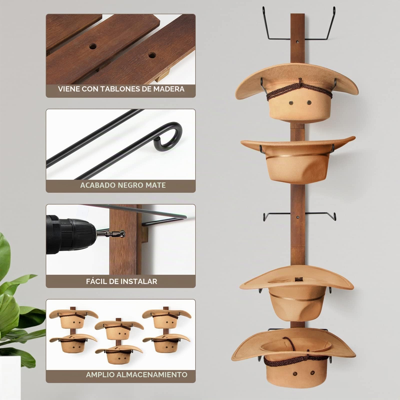 Estante para sombrero de vaquero, soporte de metal para sombrero de vaquero con tabla de madera, 6 piezas para sombrero de pared