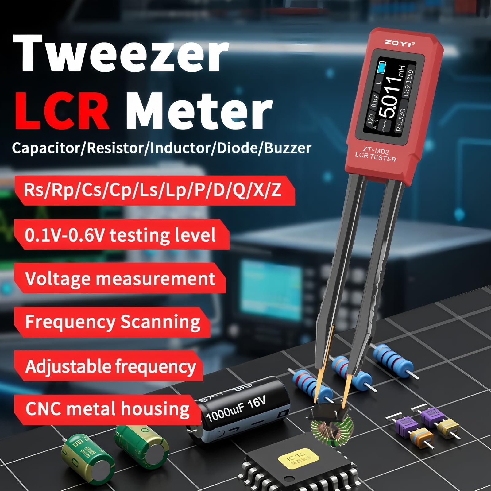 Mini pince à épiler intelligente LCR SMD ESR Testeur Résistance Capacitance Inductance Continuité Diode Test Outils de mesure (ZT-MD2 + carte d'étalonnage)