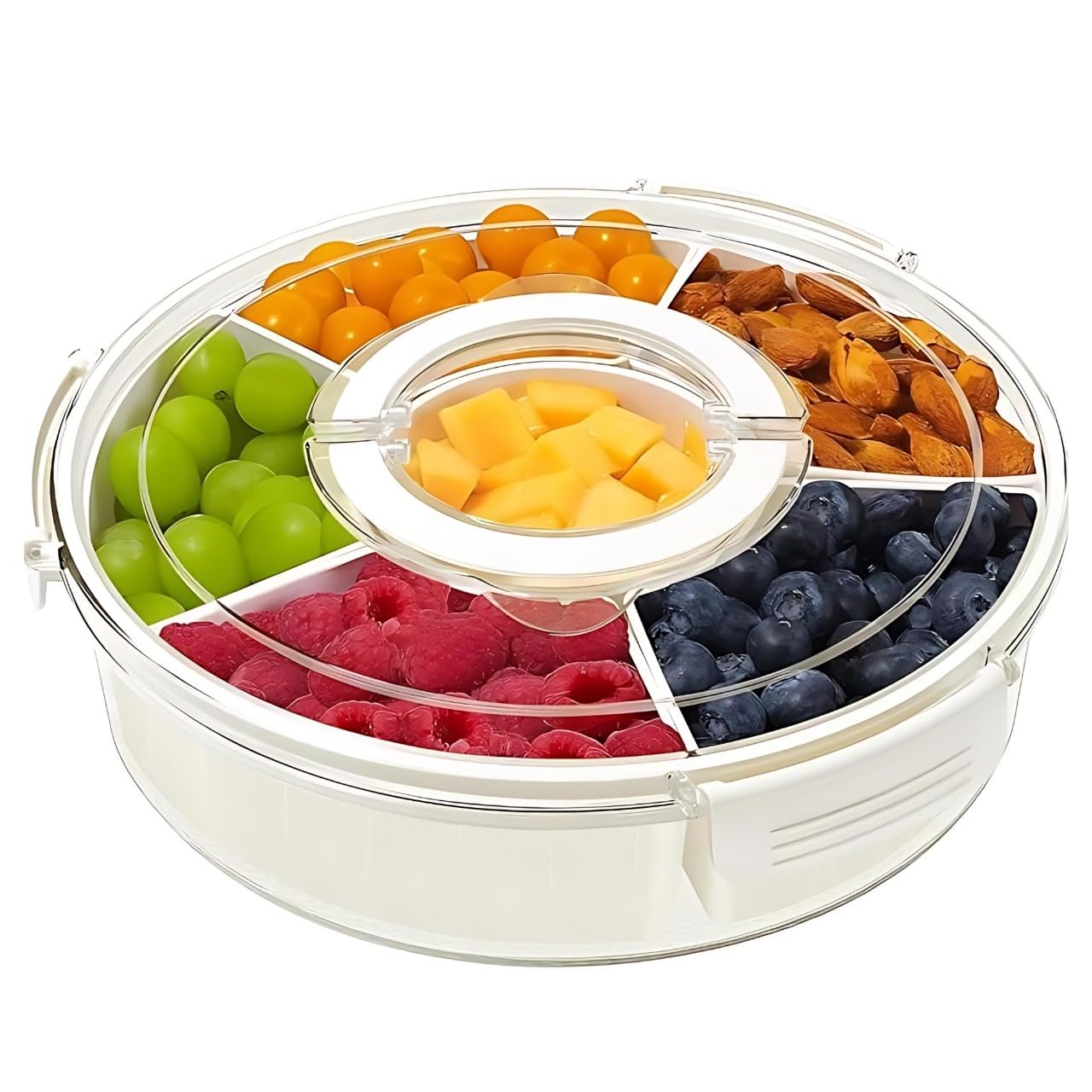 Snack Box, Snackle Box Container, Round Divided Serving Tray with Lid and Handle, 6 Compartments Portable Containers, Snack Boxes for Adults, Veggie Tray with Lid, Charcuterie Board, Serving Platter
