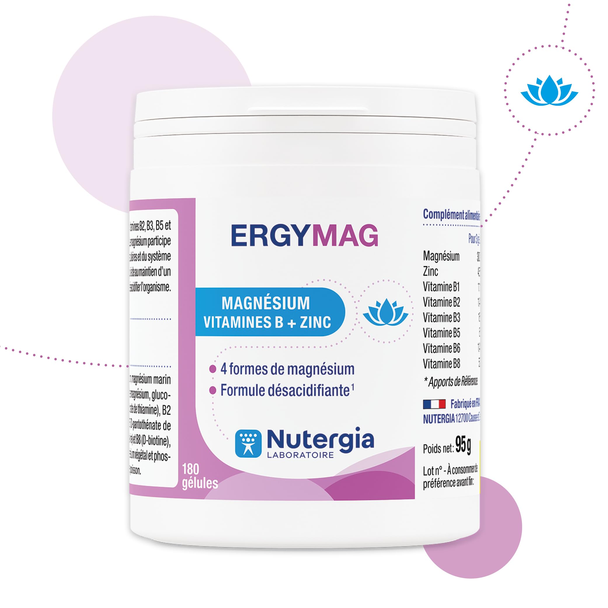 Nutergia – Magnésium, vitamines B et Zinc – Fatigue physique – 4 Sels de magnésium – formule désacidifiante – Complément alimentaire – 180 Gélules – Fabrication Française