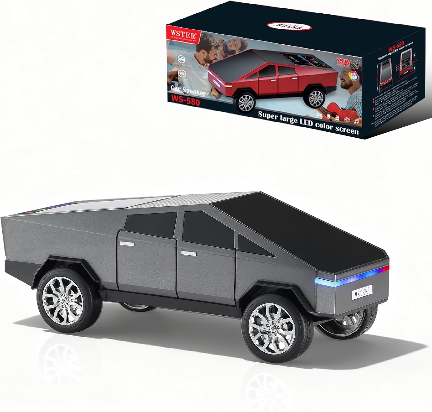 Futuristic Truck Bluetooth Replica Speaker with LED Display Screen – Portable Future-Style Audio with TWS Link, FM Radio, LED Lighting and Built-in Mic, For Every Technology and Truck Lover (Gray)