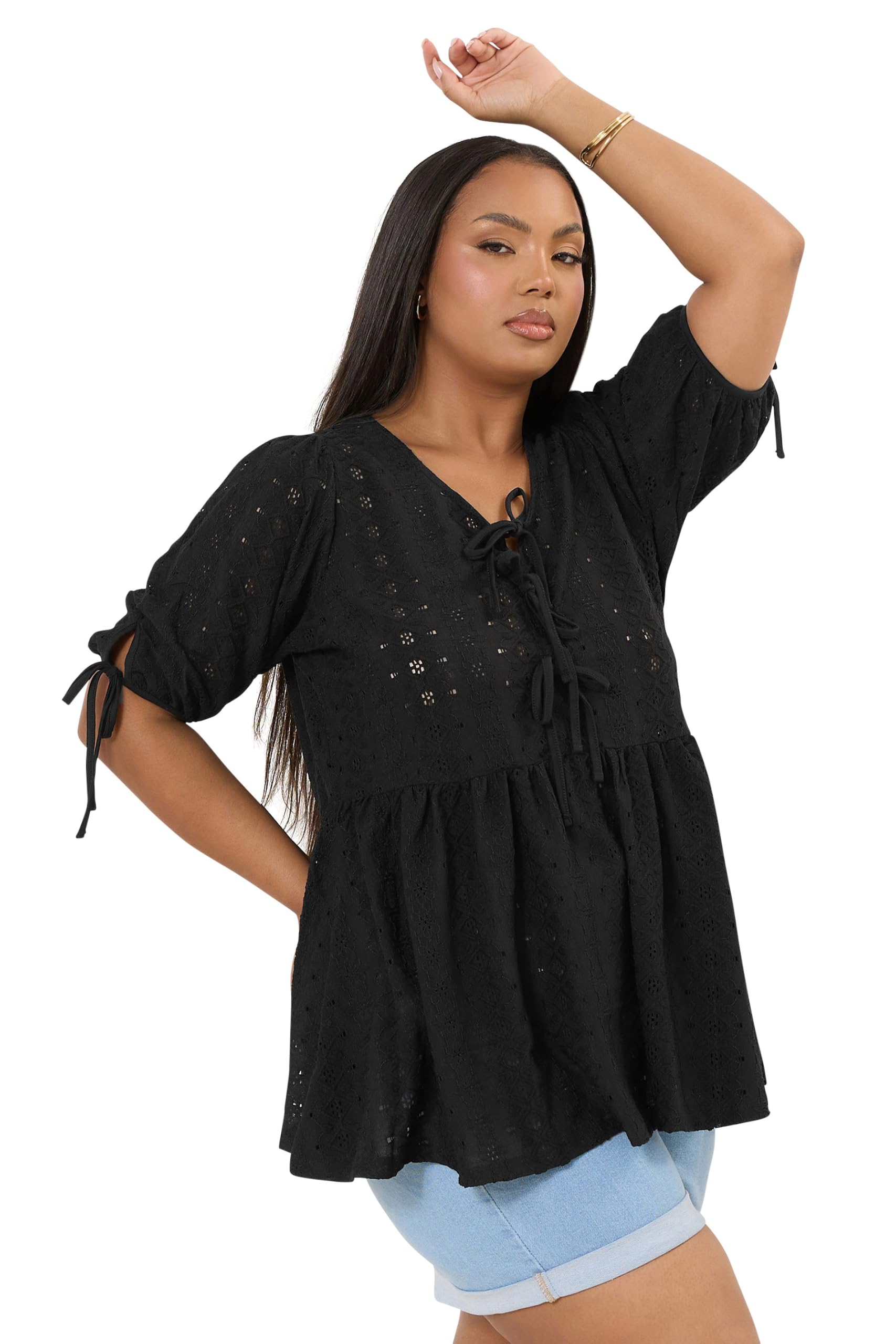 Yours Broderie Anglaise Peplum Top - Black - Size 20 - V-Neck - Short Sleeve