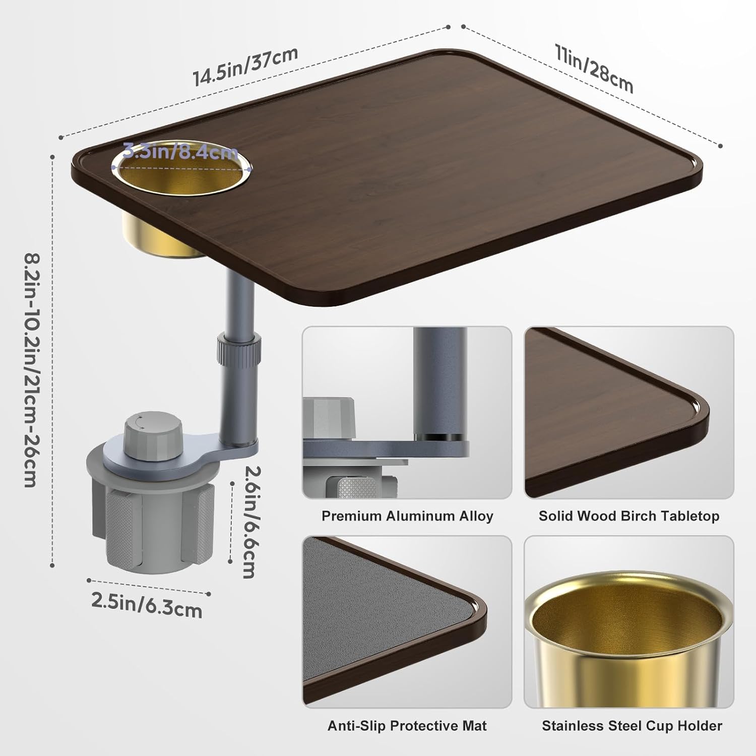 Car Desk Car Tray for Laptop & Food, Wooden Cup Holder Table with Adjustable Height, Car Accessories for Women & Men 360° Rotatable Steering Wheel Tray for Tesla Model Y/3/S, Ford F150 & Most Vehicles