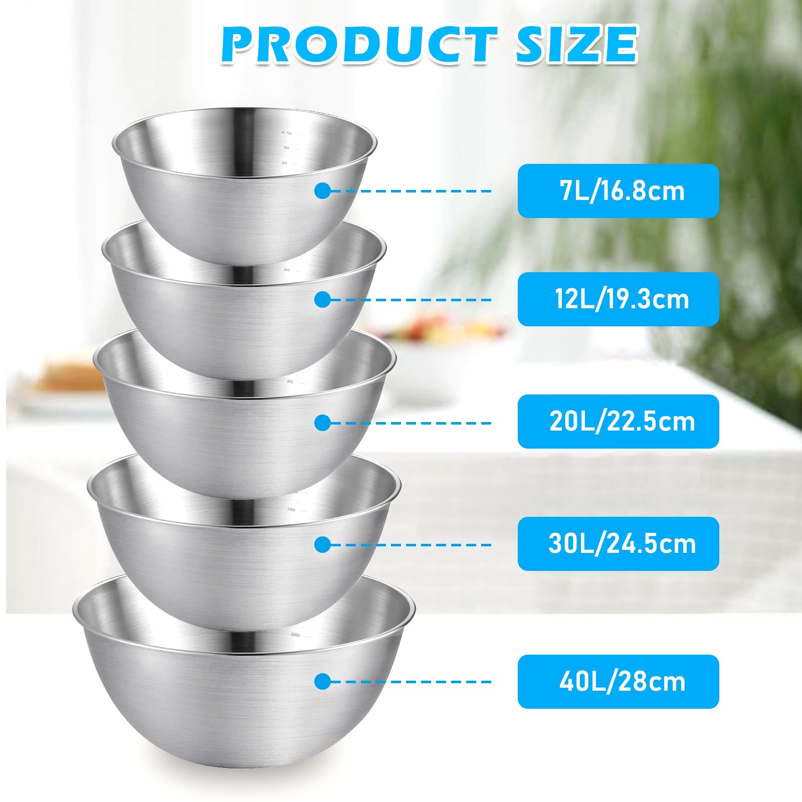 Set Di 6 Ciotole In Acciaio Inox Per Cucina - Da 0,8L A 8,8L, Impilabili, Con Base Antiscivolo E Bordi Arrotolati (Nero)