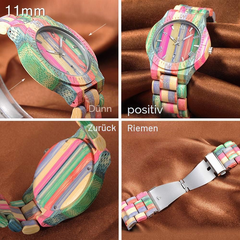 Unendlich U Infinity U Holzuhr für Damen und Herren handgefertigt aus Bambusholz mit Quarzwerk Analog Uhren Regenbogen Pride Festival Geschenk