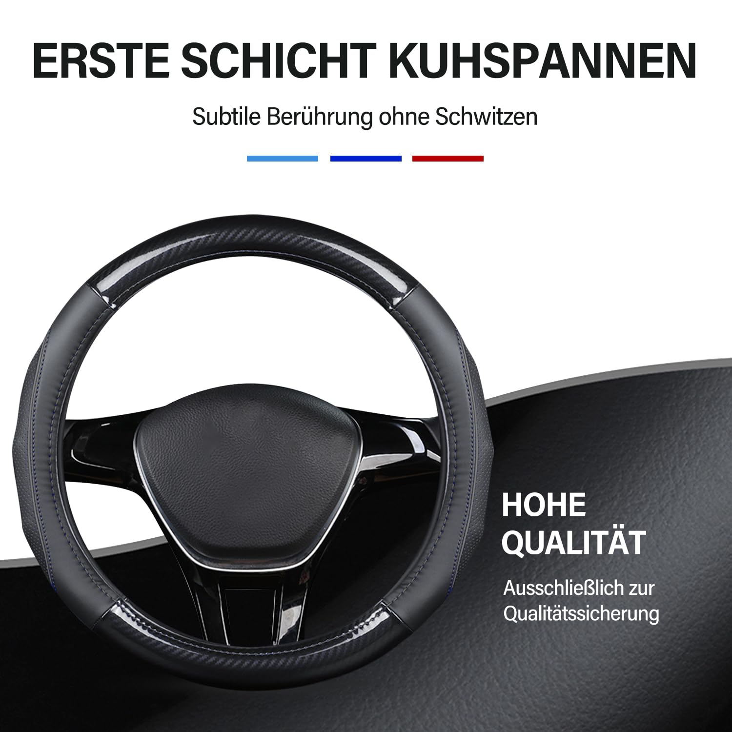 Ergocar Auto Lenkradbezug Rutschfester Auto Lenkradschutz D-Form Kohlefaser & Erste Schicht Rindsleder für Durchmesser 38cm (15 ") (D-Schwarz-Rot)