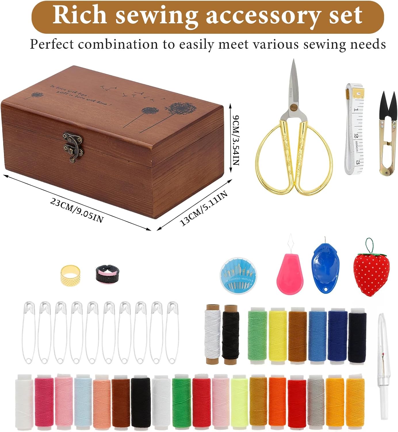 Mother's Day Gift Sewing Kit for Adults Wooden Sewing Box with Thread Scissors Thimble Needle Cushion Seam Ripper Retro Wooden Sewing Basket Sewing Supplies for Beginners