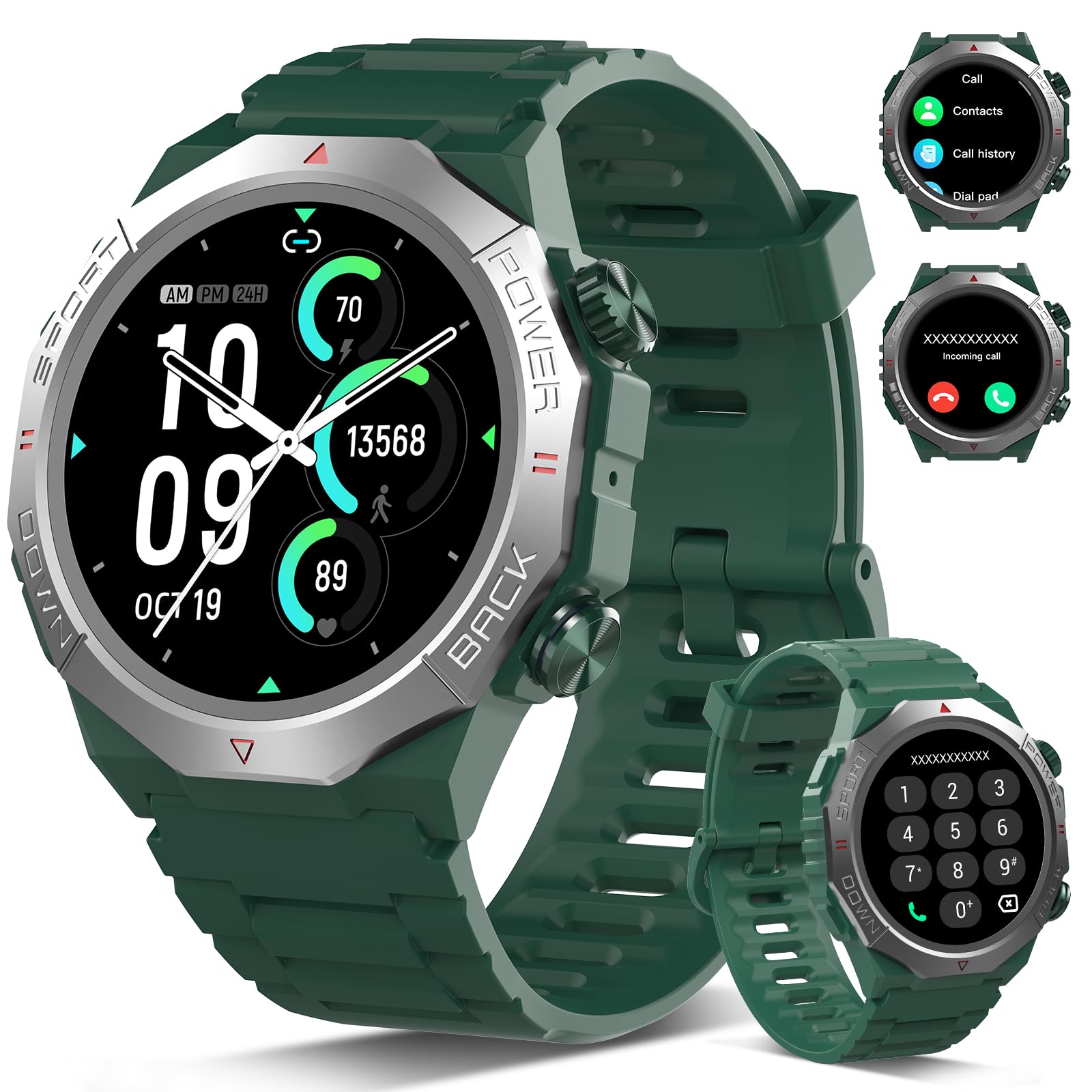 Smartwatch Uomo Donna con Effettua o Risposta Chiamate, 1.39" Militare Orologio Smartwatch, Sonno Cardiofrequenzimetro, 110+ Modalità Sportive Fitness Tracker, IP68 Smart Watch Android iOS, Verde