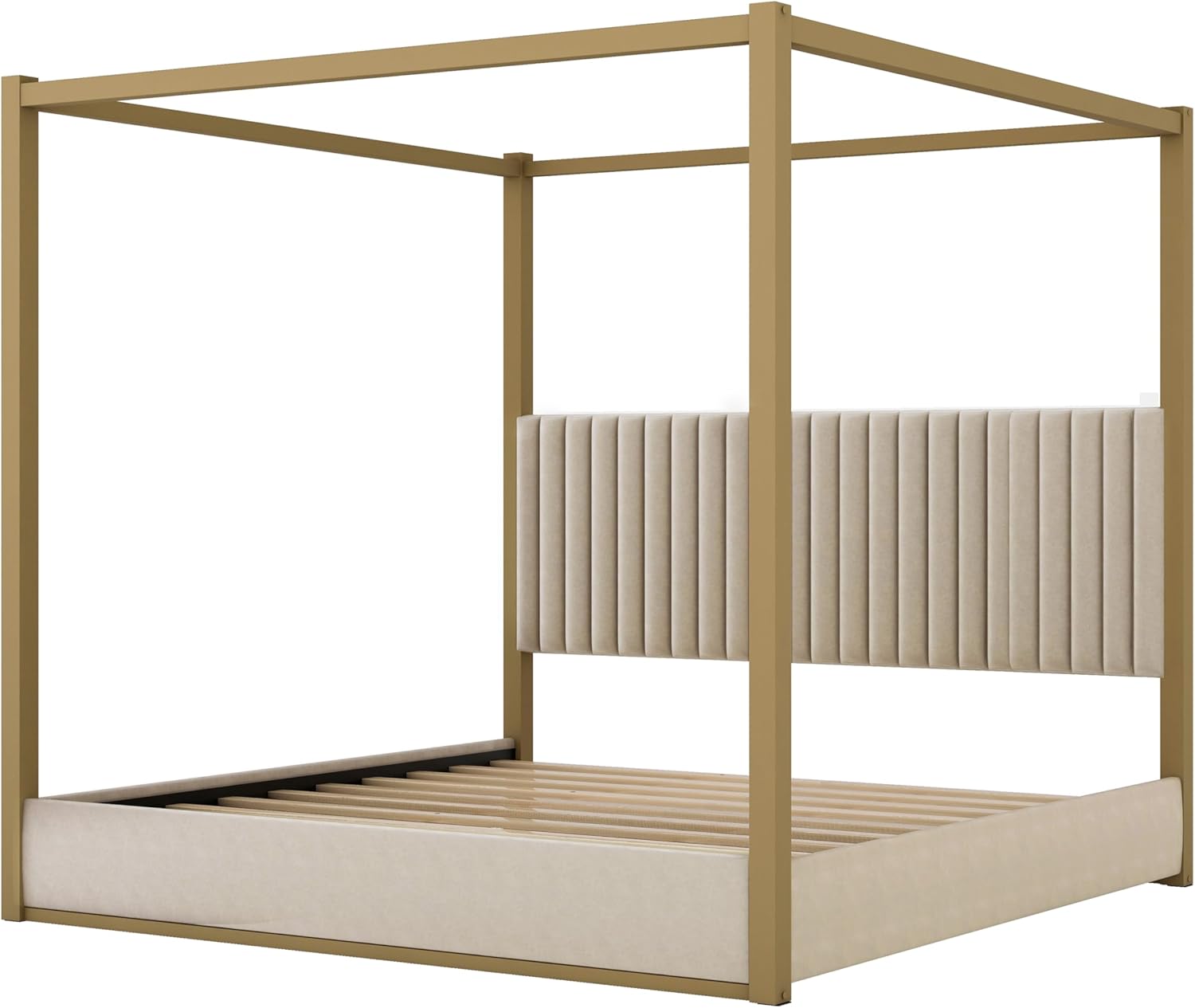 LUMISOL Canopy Bed Frame King Size, Upholstered Canopy Platform Bed with Upholstered Headboard, Morden Metal Low Profile Platform Beds with Wooden Slats Support, Beige
