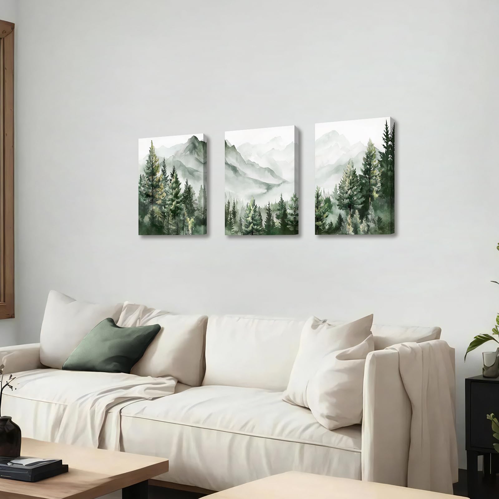 3 Pcs Wooden Framed Canvas Wall Art Set Bohemian Sage Green Canvas Prints Poster Geometric Line Beige Green Pictures for Living Room Bedroom Dinning Room Hallway Stairs Wall Decor 30x40cm x3pcs — view 91
