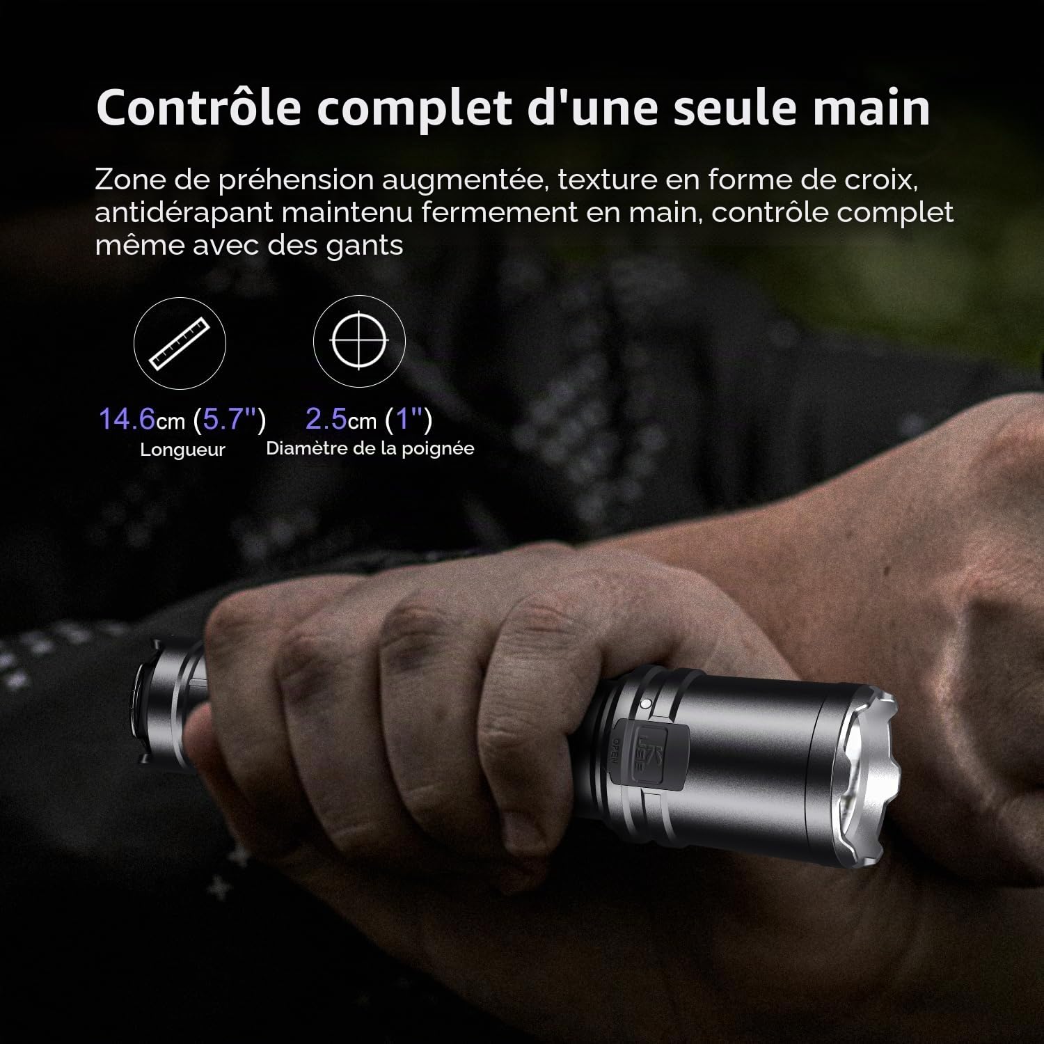 KLARUS EP11 - Lampe Torche tactique rechargeable USB-C 1300 lumens, double interrupteur arrière, 3 modes d'éclairage + stroboscope, lampe de poche étanche IPX8