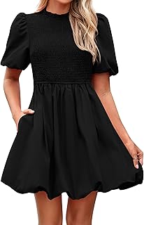 Womens Summer Smocked Mini Dress 2025 Spring Puff Short Sleeve Boho Ruffle Crewneck Bubble A Line Short Dresses - Buy now