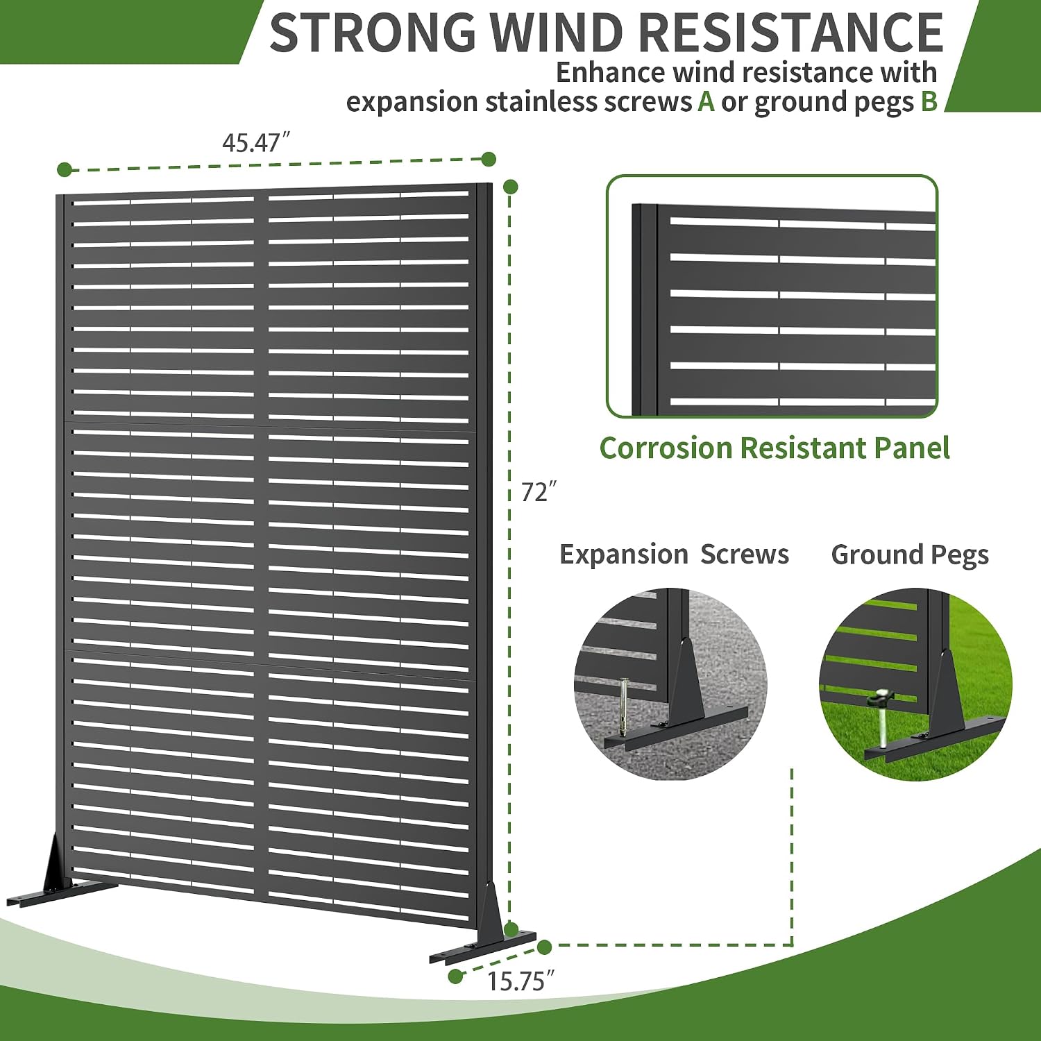 Metal Privacy Screen Outdoor Freestanding, 72" H x 45.5" W Decorative Metal Privacy Panel with Stable Base, Portable Outdoor Divider for Patio, Deck, Balcony, Backyard, Garden, Black