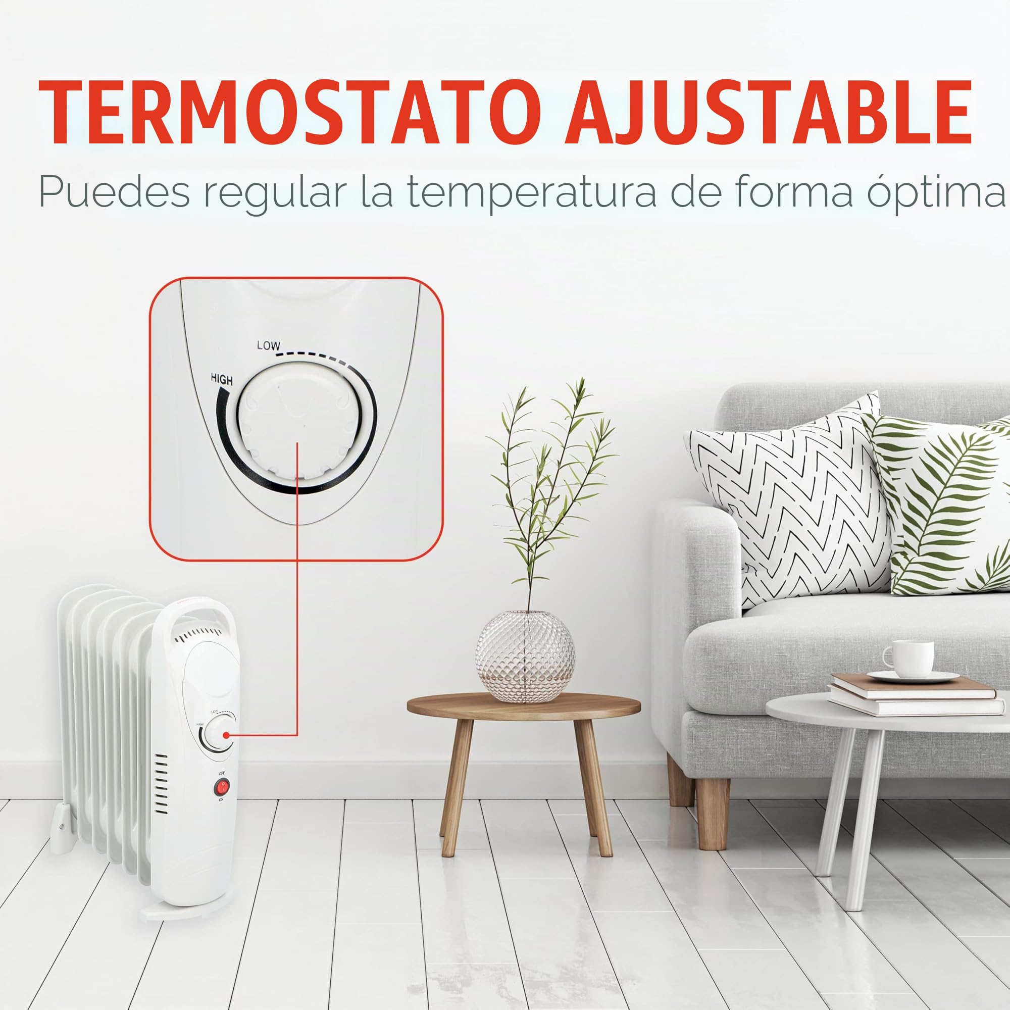 alpina Radiador de aceite 850W, 7 elementos, termostato mecánico, calefacción eléctrica de bajo consumo, regulador de potencia de bajo consumo de energía, compacto y portátil, blanco, normal