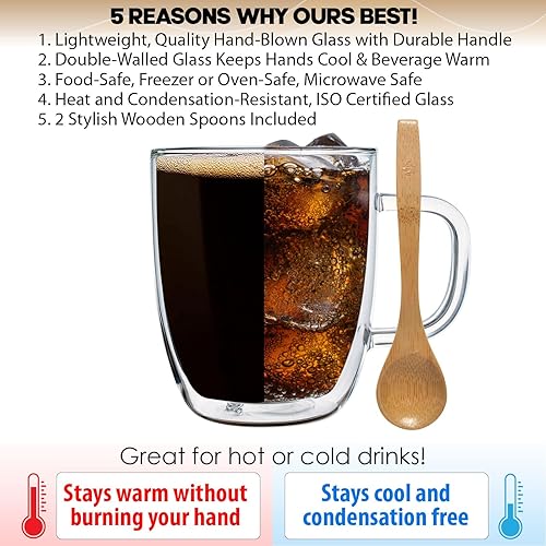 Miniatura 2 de Mainstream Source Tazas de café de vidrio  Doble pared, juego de tazas de café de vidrio aislado, con asas duraderas y 4 cucharas de madera, taza de