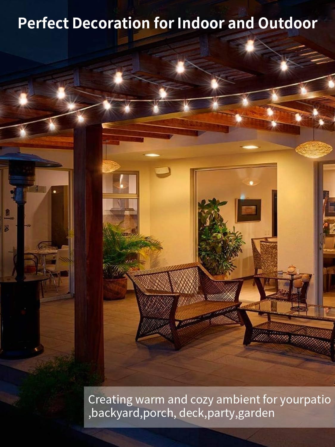2 Pack 27Ft Led Outdoor String Lights,Patio Lights, S14 Edison Shatterproof Bulbs,for Patio Backyard Cafe Porch Garden Bistro Party Wedding Decoration