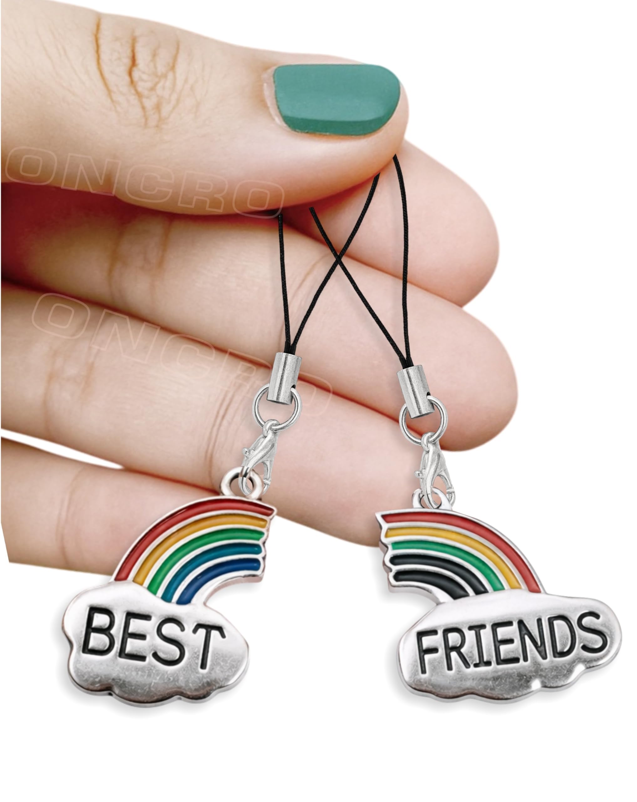 Pack of 2 Stylish Silver Plated Rainbow Best Friends pendant pair set phone charms aesthetic for girls backpack hanging keychain ring necklace bracelet thread Ornament Smart accessories gift combo-image-43