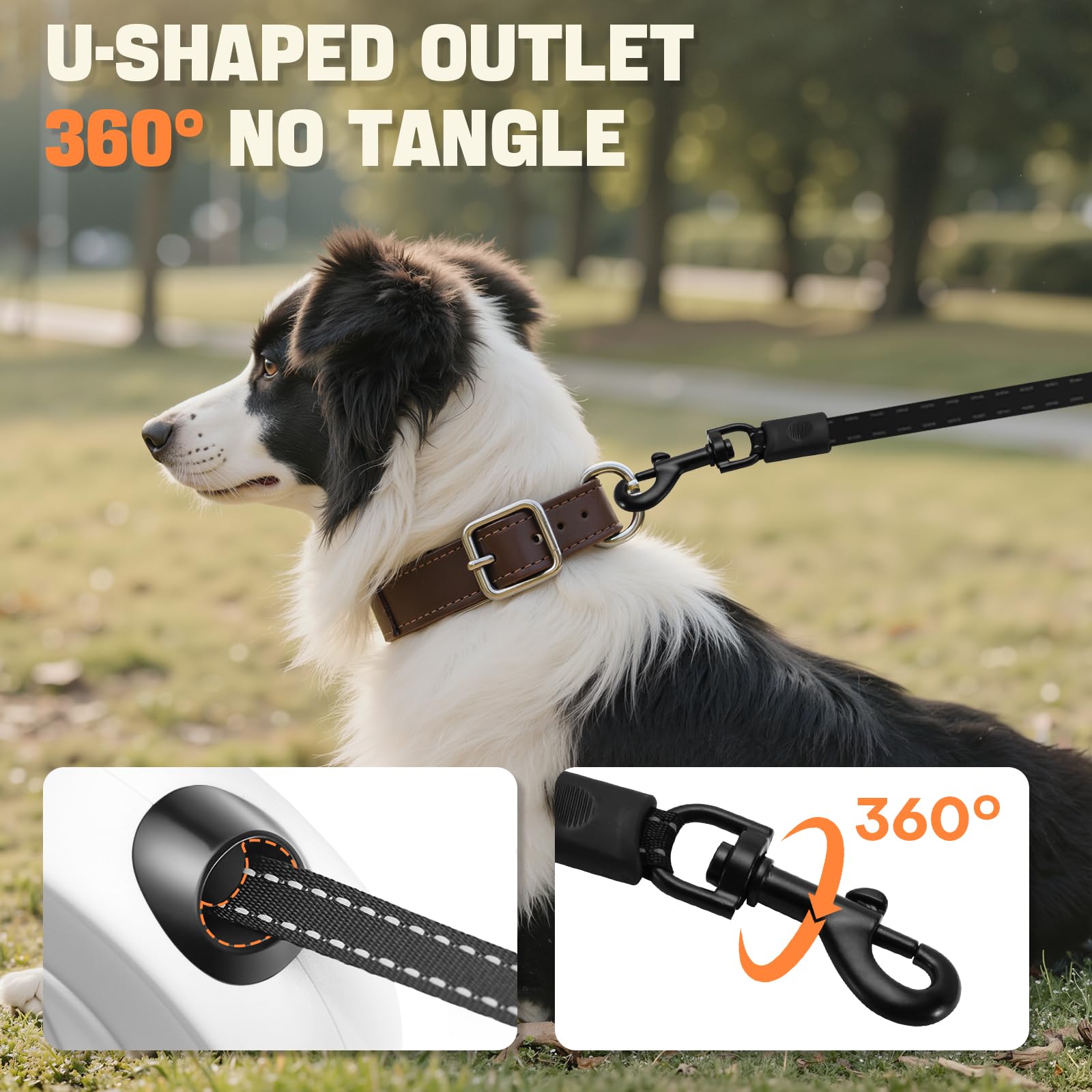 Einziehbare Hundeleine mit LED-Licht für nächtliche Spaziergänge, einziehbare Hundeleine mit Kotbeuteln für mittelgroße Hunde, Schnellverriegelung und rutschfester Griff (WHT&BLK)
