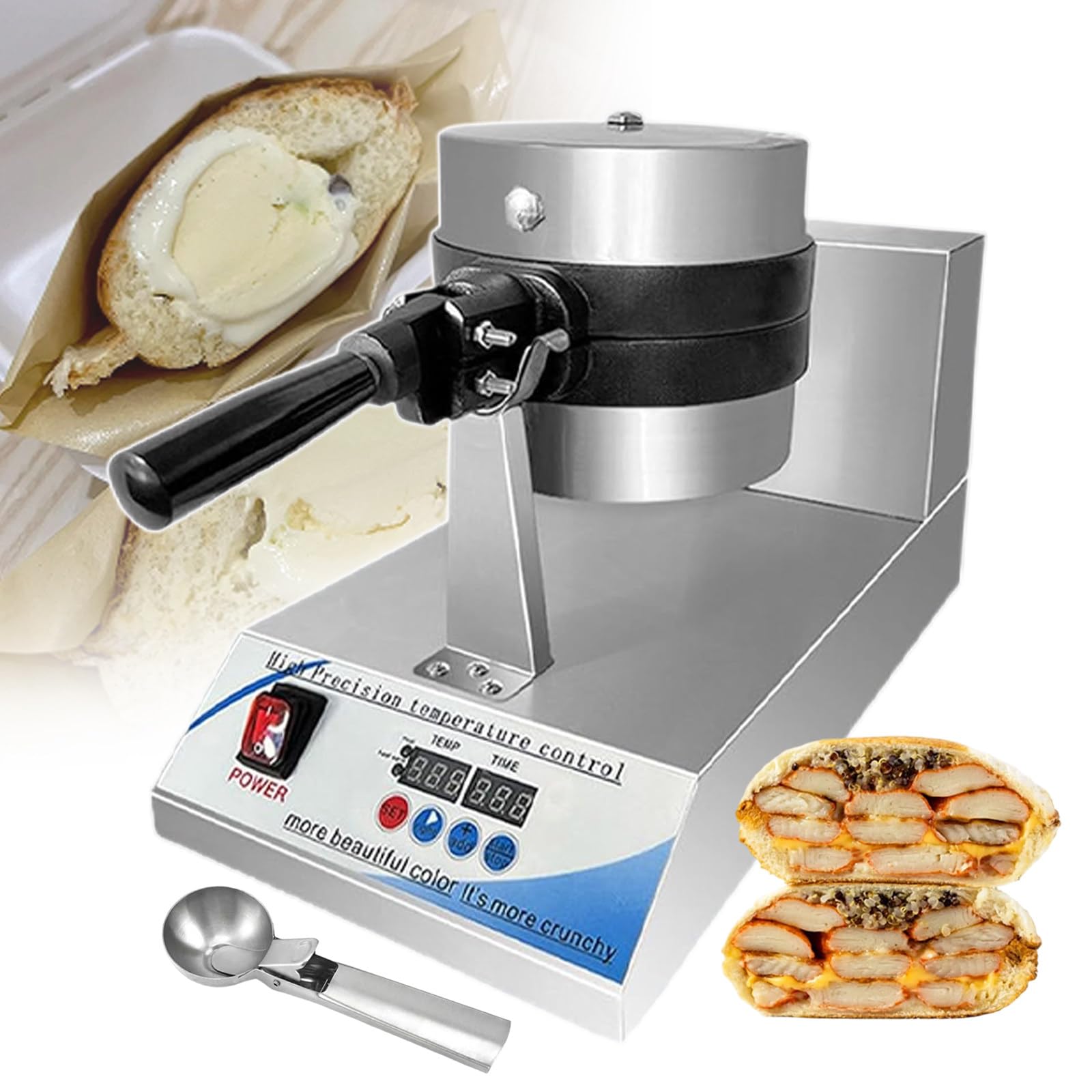 Máquina eléctrica comercial para hacer hamburguesas y wafles con placas antiadherentes giratorias de 180°, control digital de temperatura y temporizador, ideal para puestos de comida callejeros, inc