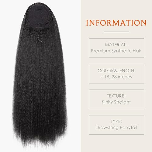 Miniatura 2 de WIGNEE Extensión de cola de caballo sintética recta de 28 pulgadas para mujeres negras, extensiones de cabello Yaki (28 pulgadas)