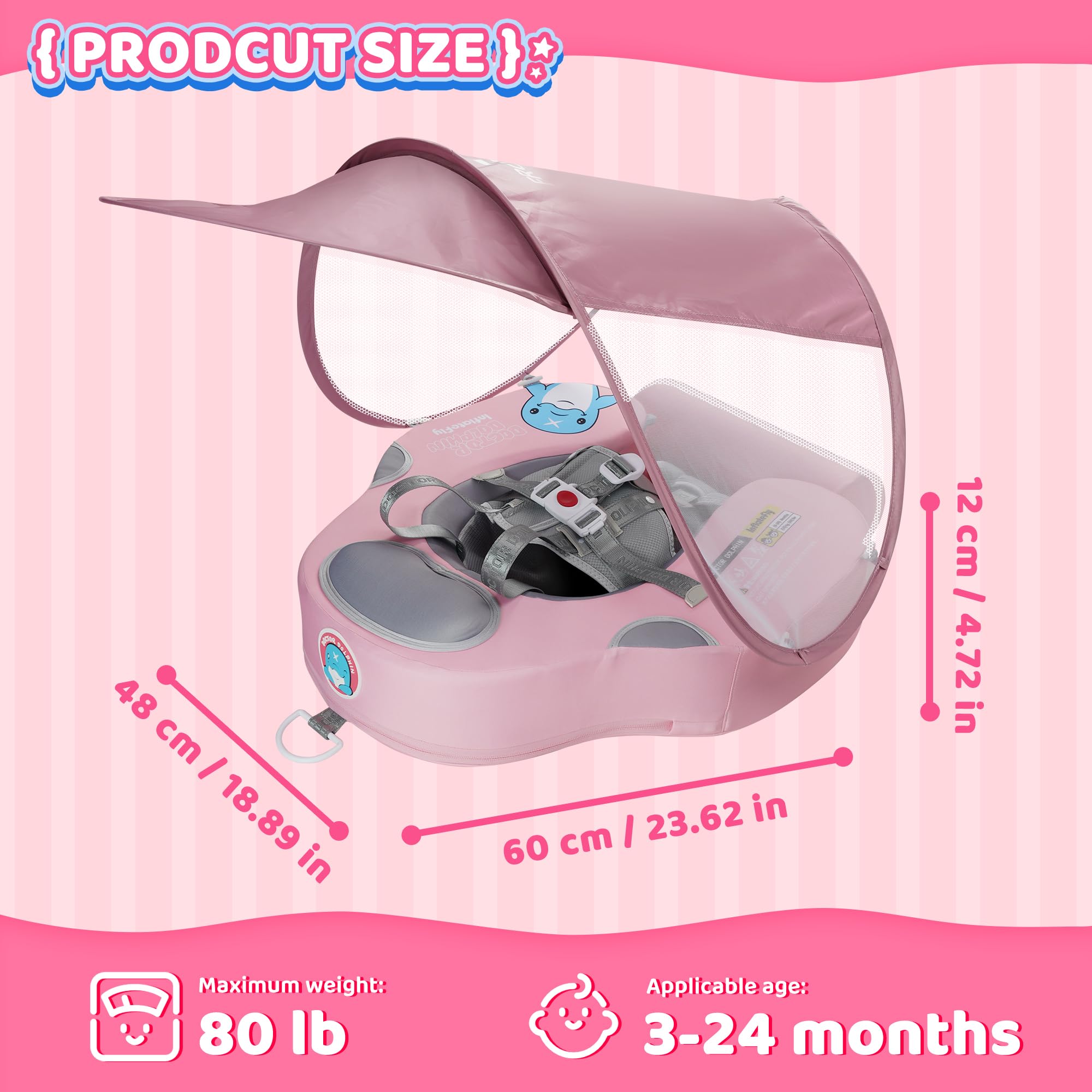 INFLATEFLY Baby Swim Float with Protection Sunshade Infant Pool Float Add Tail for 3-24 Months (Pink)