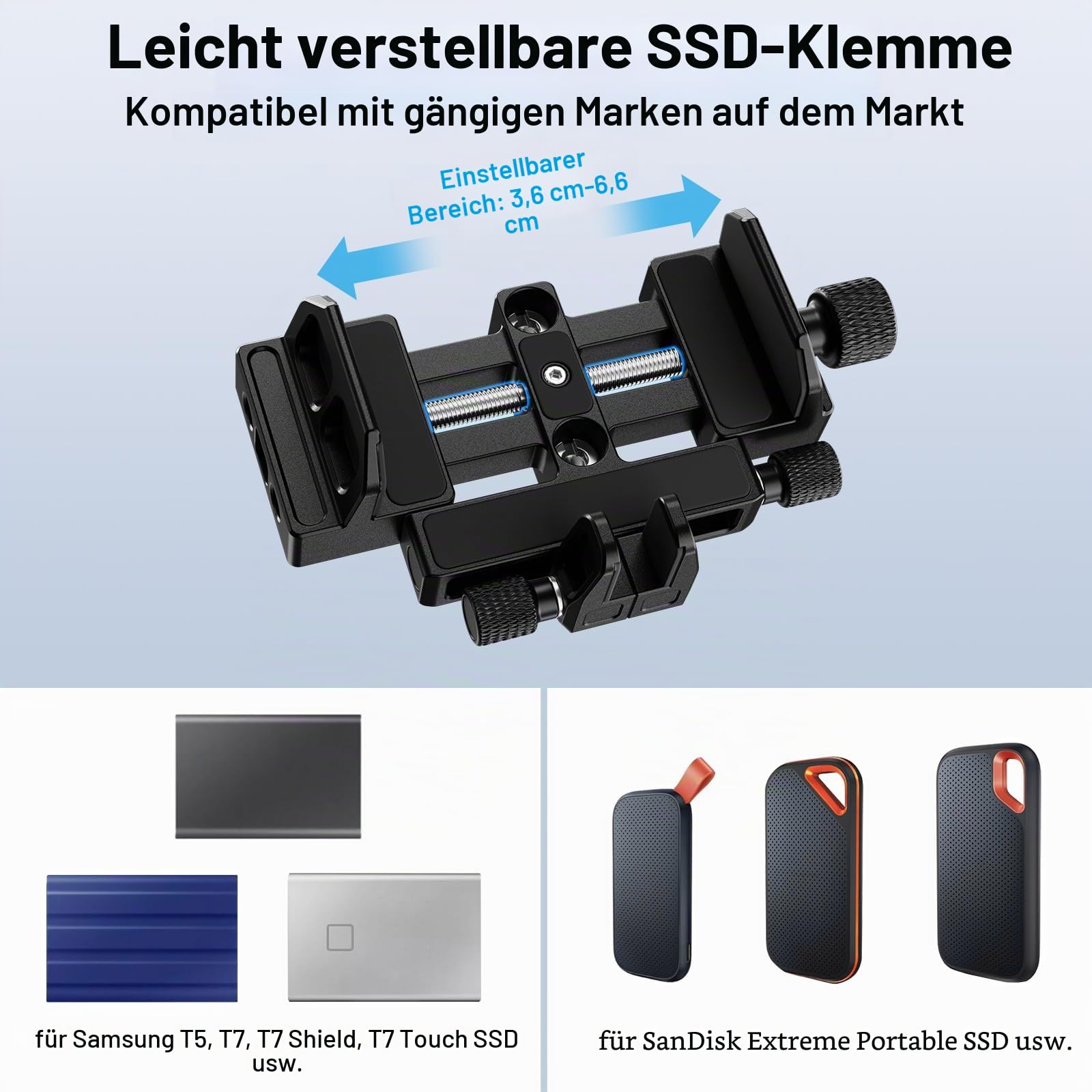 SIRUI Montagehalterung SSD Mount Bracket, Universeller SSD-Halter mit Kaltverschluss und USB-C-Kabelklemme, kompatibel mit Samsung T7/T5, für SSD, für Z Cam E2, AM-ST9