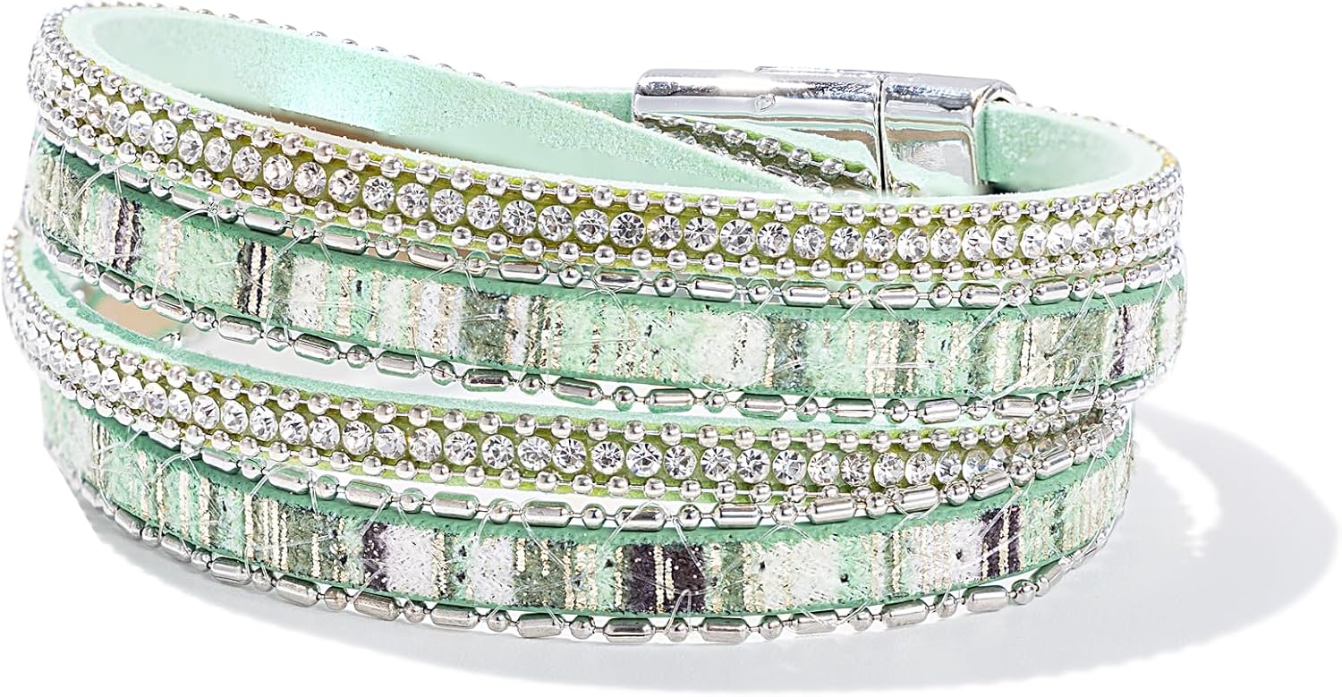 FANCY SHINY Boho Leather Wrap Bracelet Stackable Crystal Rhinestone Bangle Cuff with Magnetic Clasp Trendy Bohemian Jewelry for Women