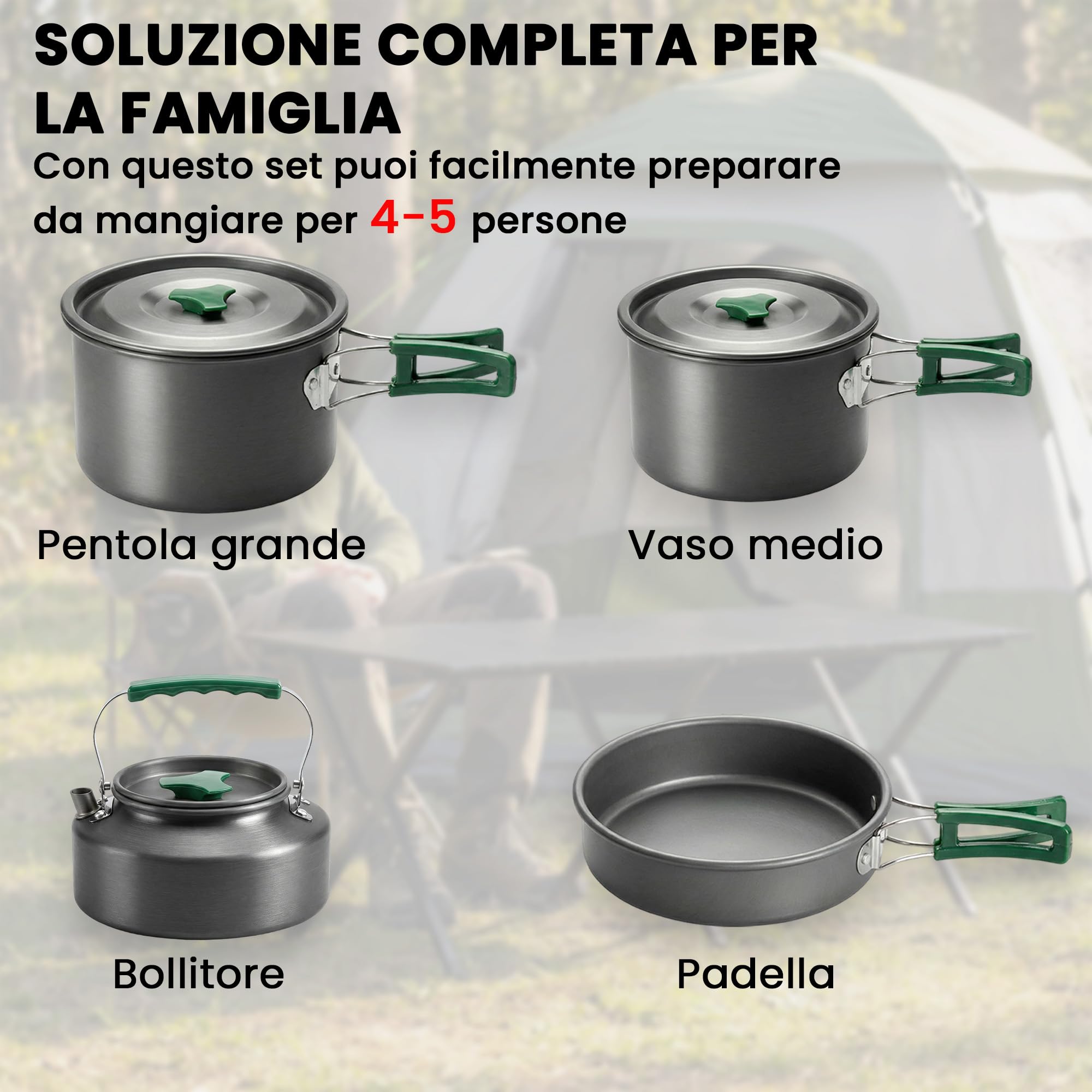 Outsunny Set di Pentole da Campeggio per 4-5 Persone, Leggero Kit da Cucina in Alluminio con Manici Anti-Scottatura, Pentole e Padelle Portatili per Escursionismo, Campeggio e Picnic, Grigio
