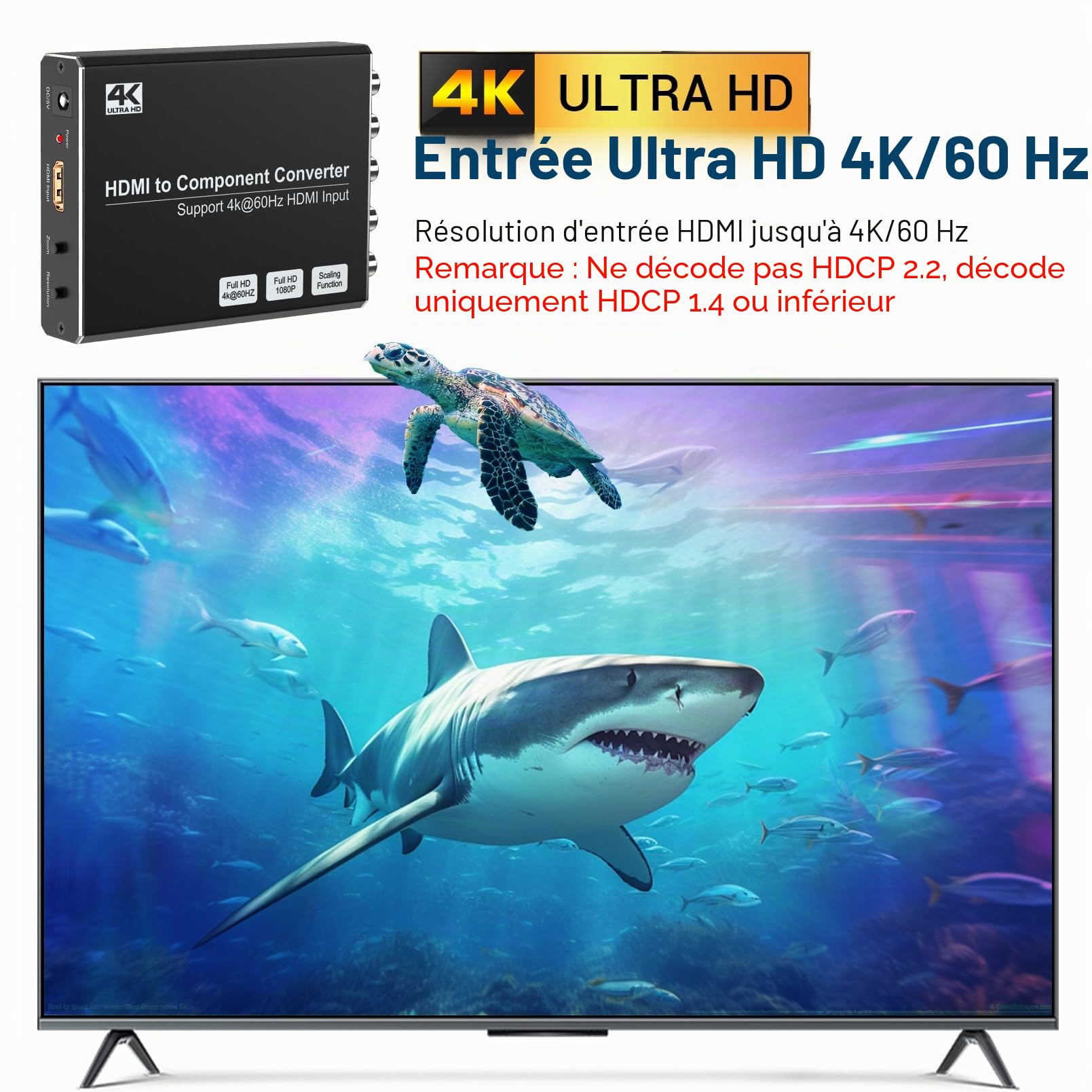 Convertisseur HDMI vers composants 4K/60Hz avec fonction d'évolution, compatible HDMI 2.0, sortie composants 480i/576i