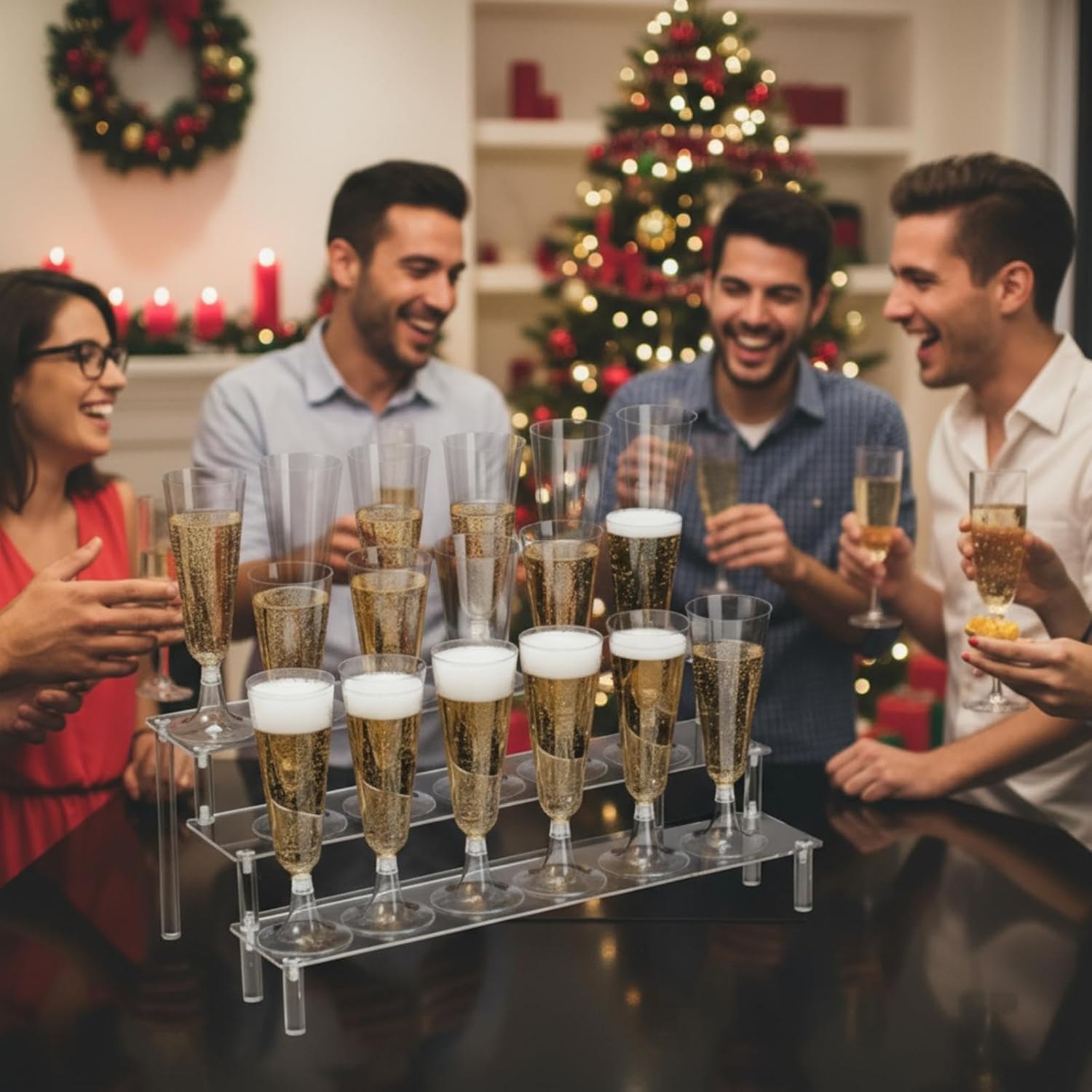 48 Pcs 5 oz Clear Plastic Champagne Flutes with 2 Pcs 3 Tier Acrylic Champagne Glass Holders for Cupcake Dessert Organize Wedding Toasting Cocktail Cups for Birthday Party Decorations Supplies