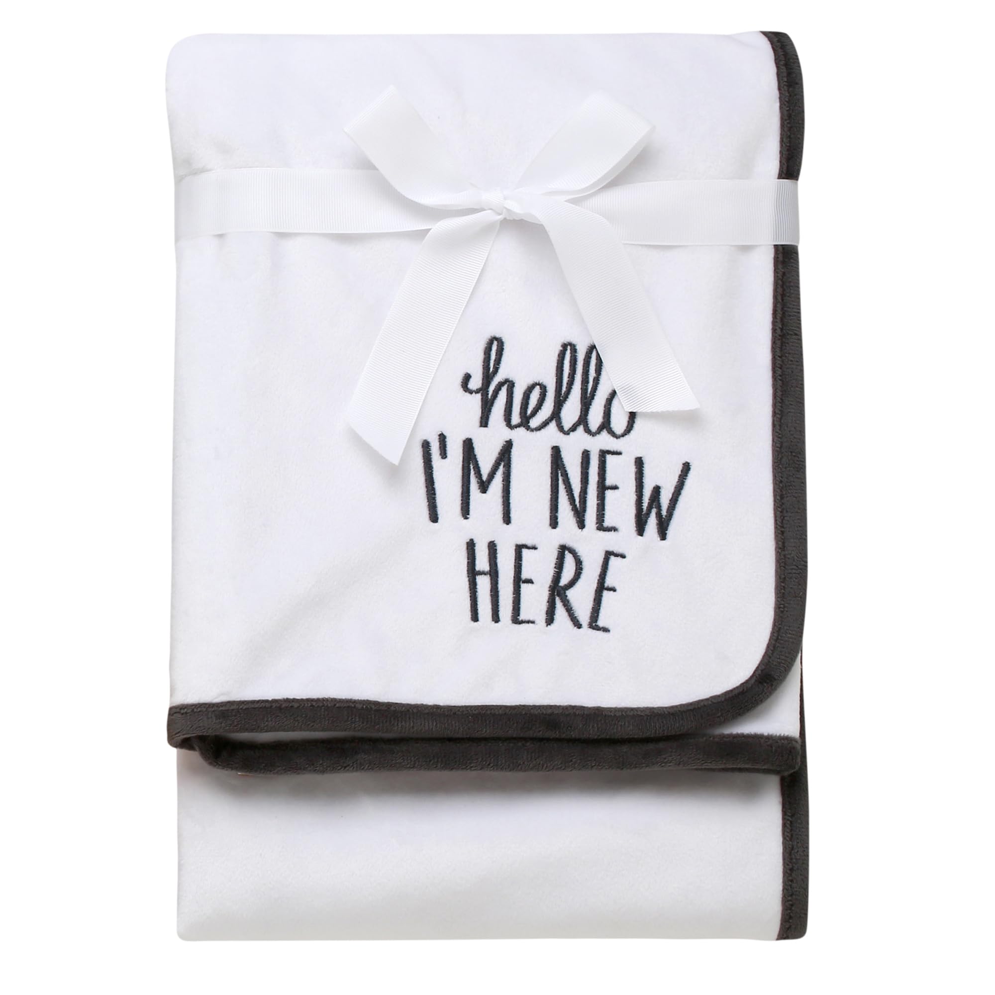 BWA 2 Ply Silky Embroidered Baby Blanket (30 inch x 40 inch), Hello I'm New Here Message, White with Dark Grey Trim