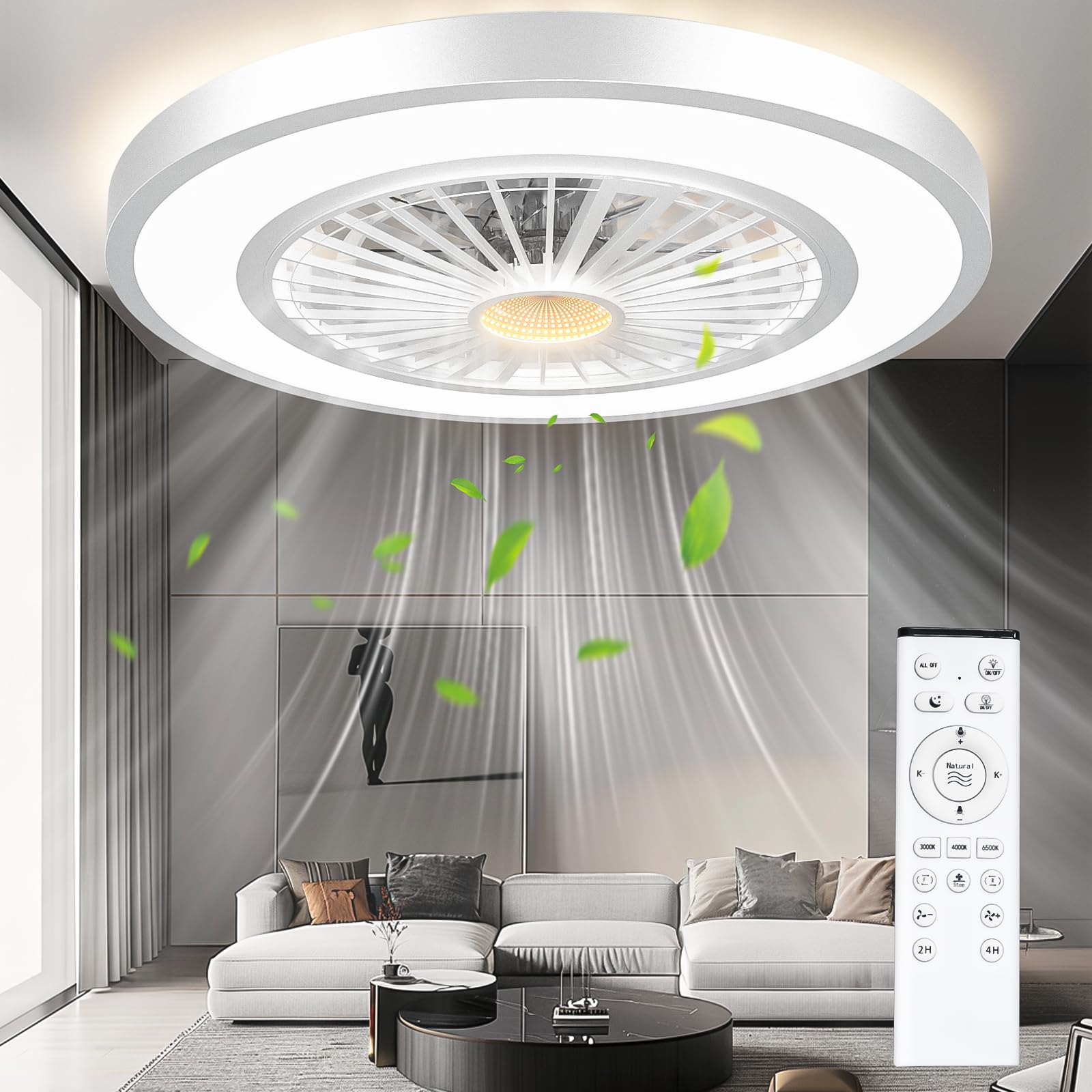 22'' Ceiling Fans with Lights and Remote, Stepless Dimmable Ceiling Fans with Night Light, 3000-6500K Color Temperature Celing Fan with Light Flush Mount with 6 Speeds, White