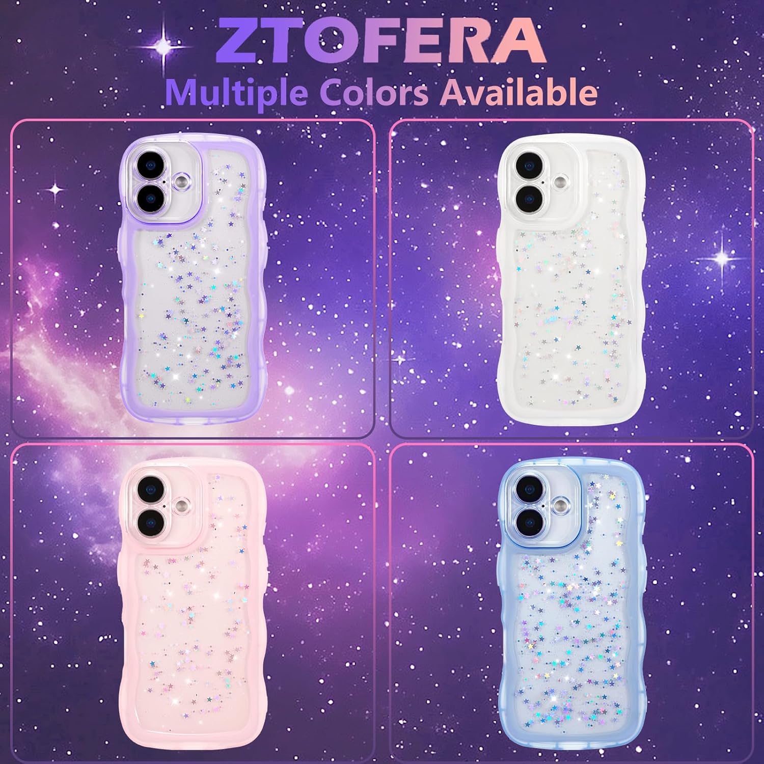 ZTOFERA for iPhone 16 Case 6.1",Cute Curly Wave Case with Star Glitter,Clear Shiny Bling Soft TPU Shockproof Phone Protecive Cover for Women Girls-Blue - Image 6