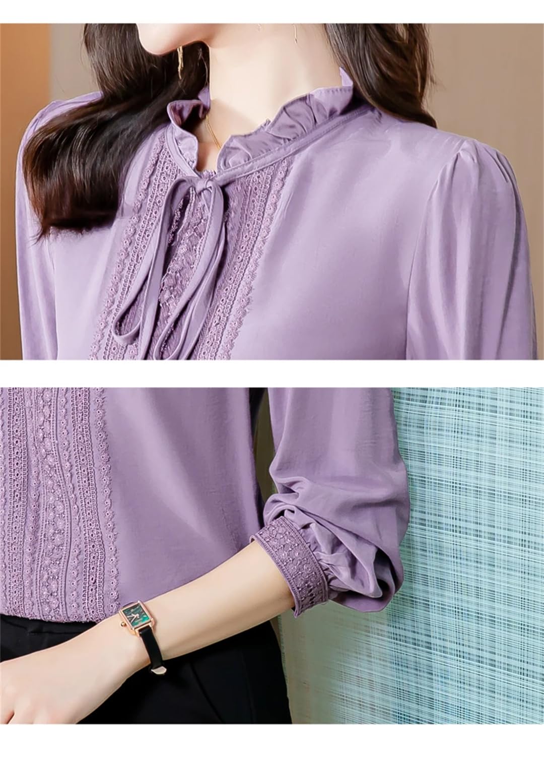 Camisas de seda de encaje para mujer, blusas de manga larga con borde de hongos, cuello de lazo, para oficina