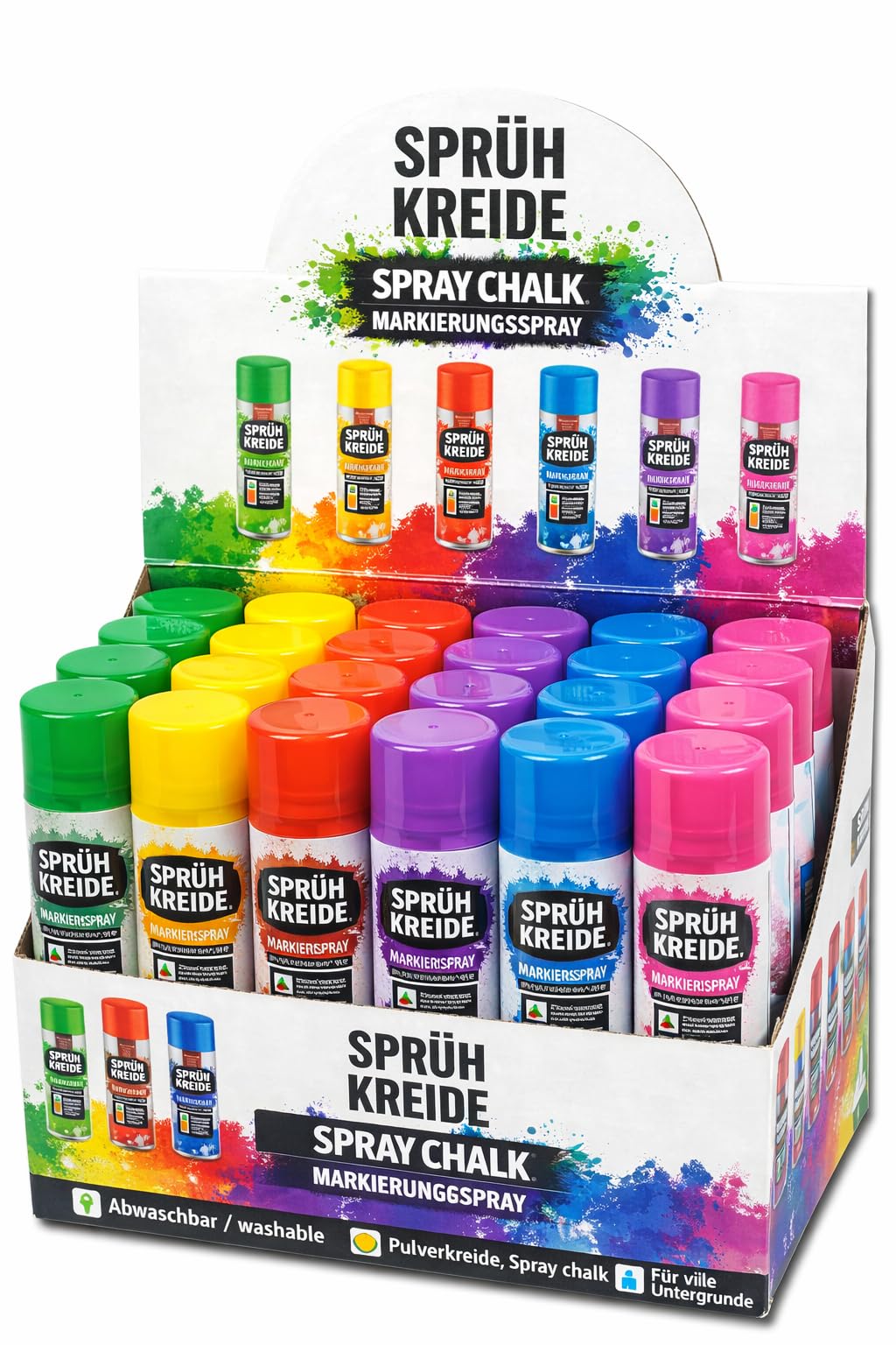 Buntes Sprühkreide Set (je 100ml) | 6, 12 oder 24 Dosen | Abwaschbares Kreidespray für Kinder & Party | Temporäres Markierungsspray für Auto, Straße & Deko (24 Stück)