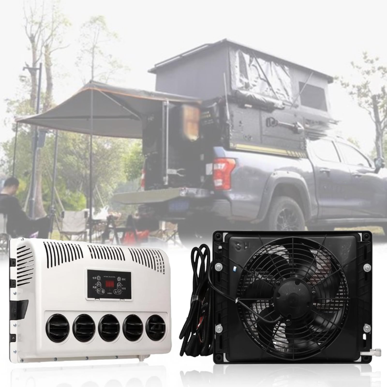 DOZPAL 12V/24V dc RV Air Conditioner, Split Air Conditioning Kit Electric Truck Cab Air Conditioner Unit with Remote Control for Camper Semi Truck Boat Bus Off-Road Vehicle Black-12V